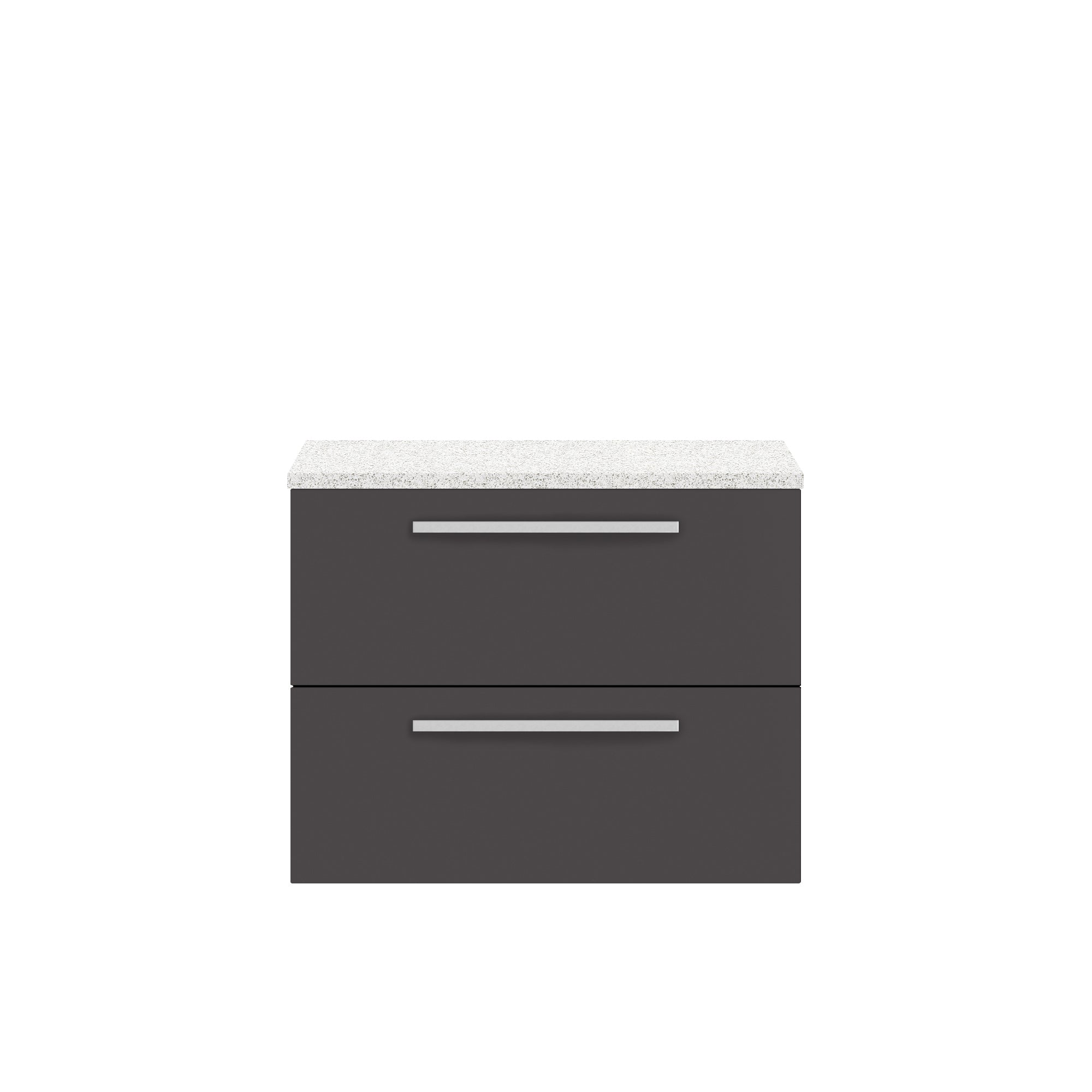 Sleek grey bathroom vanity unit with durable white speckled countertop, modern metal handles, ideal for contemporary bathroom storage and organisation.