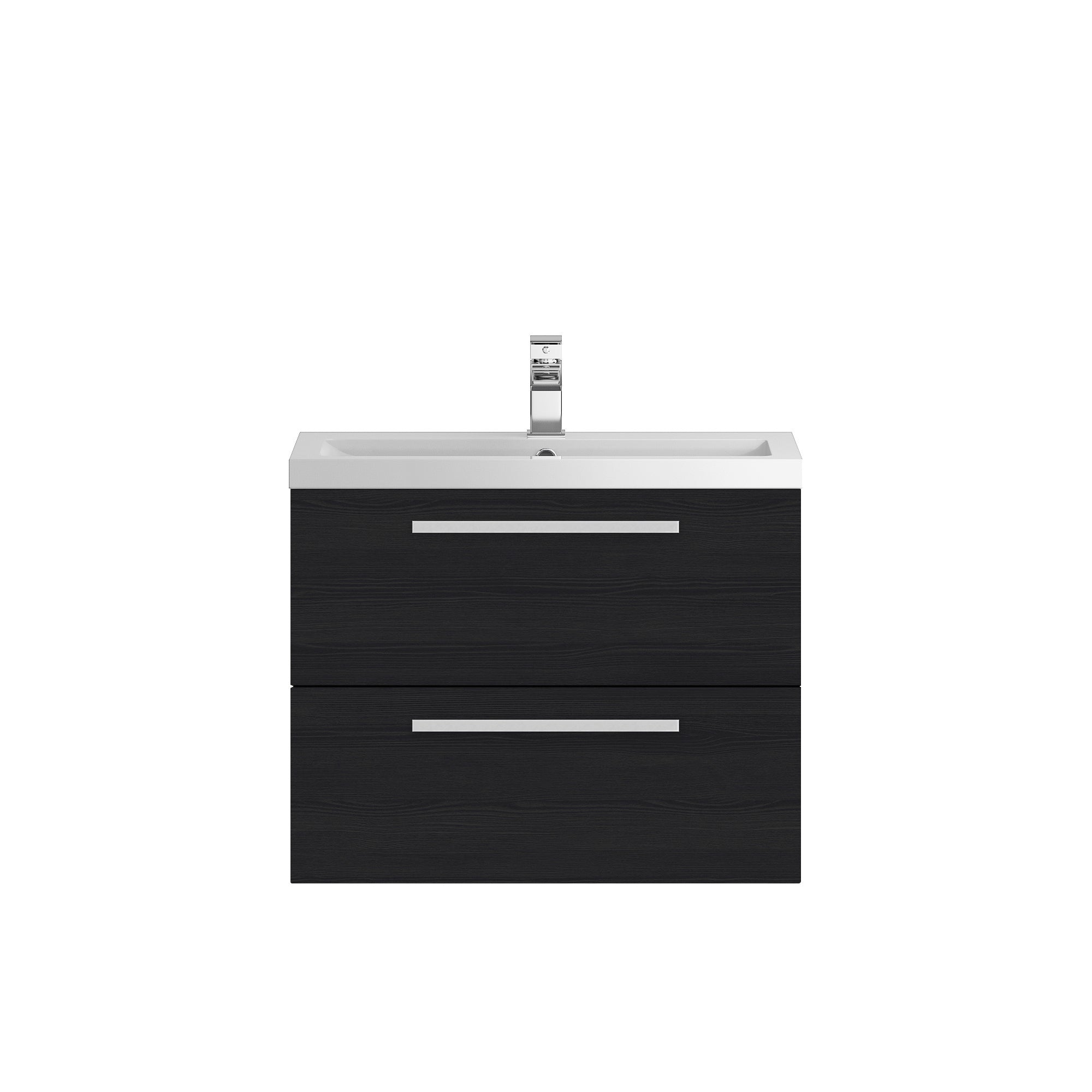 Contemporary black bathroom vanity unit with integrated sink and chrome faucet, ideal for modern bathroom decor and storage solutions. Stylish and functional design by Bubly Bathrooms.