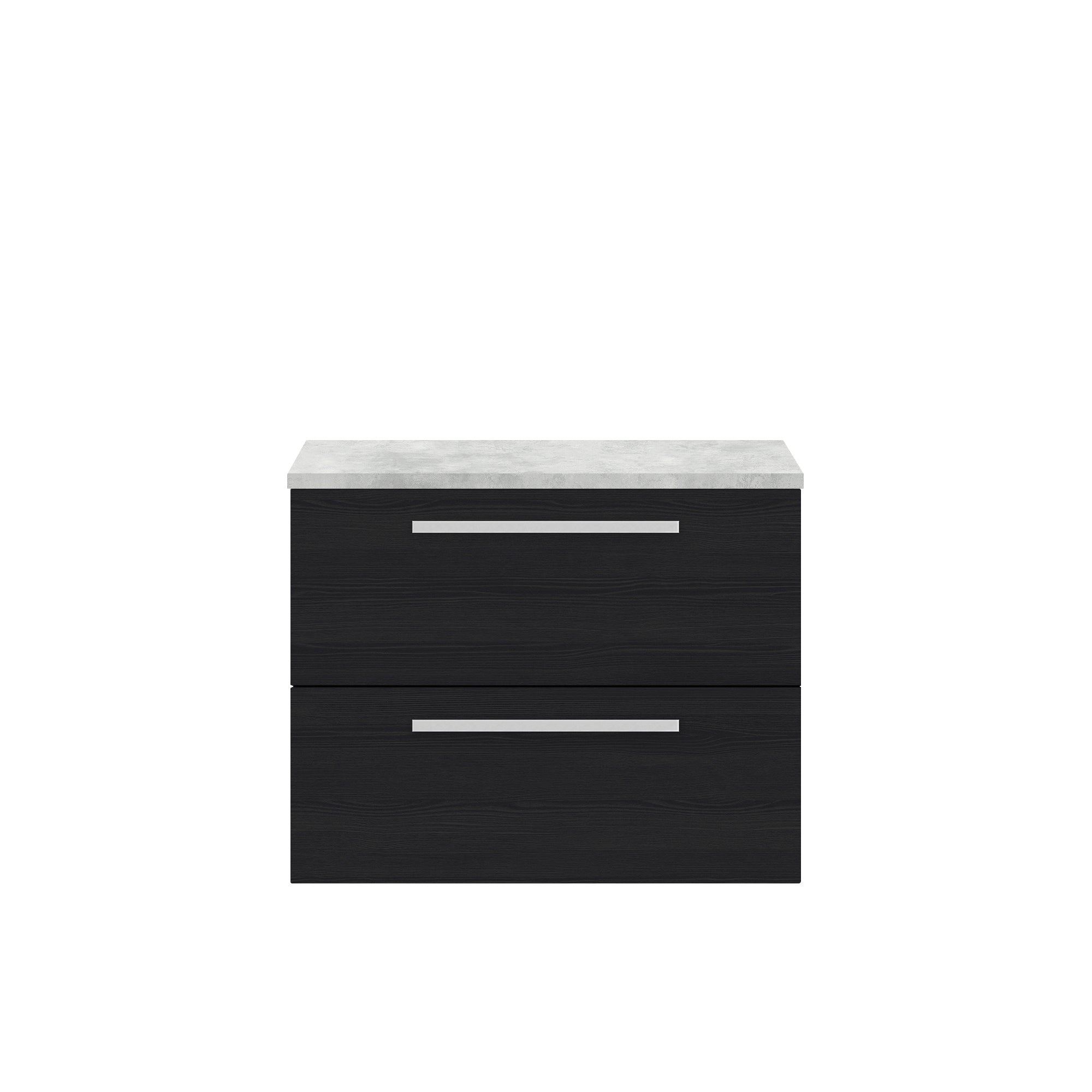 Sleek black bathroom vanity unit with a modern design, featuring two spacious drawers with silver handles and a light grey marble top, perfect for stylish bathroom storage solutions.