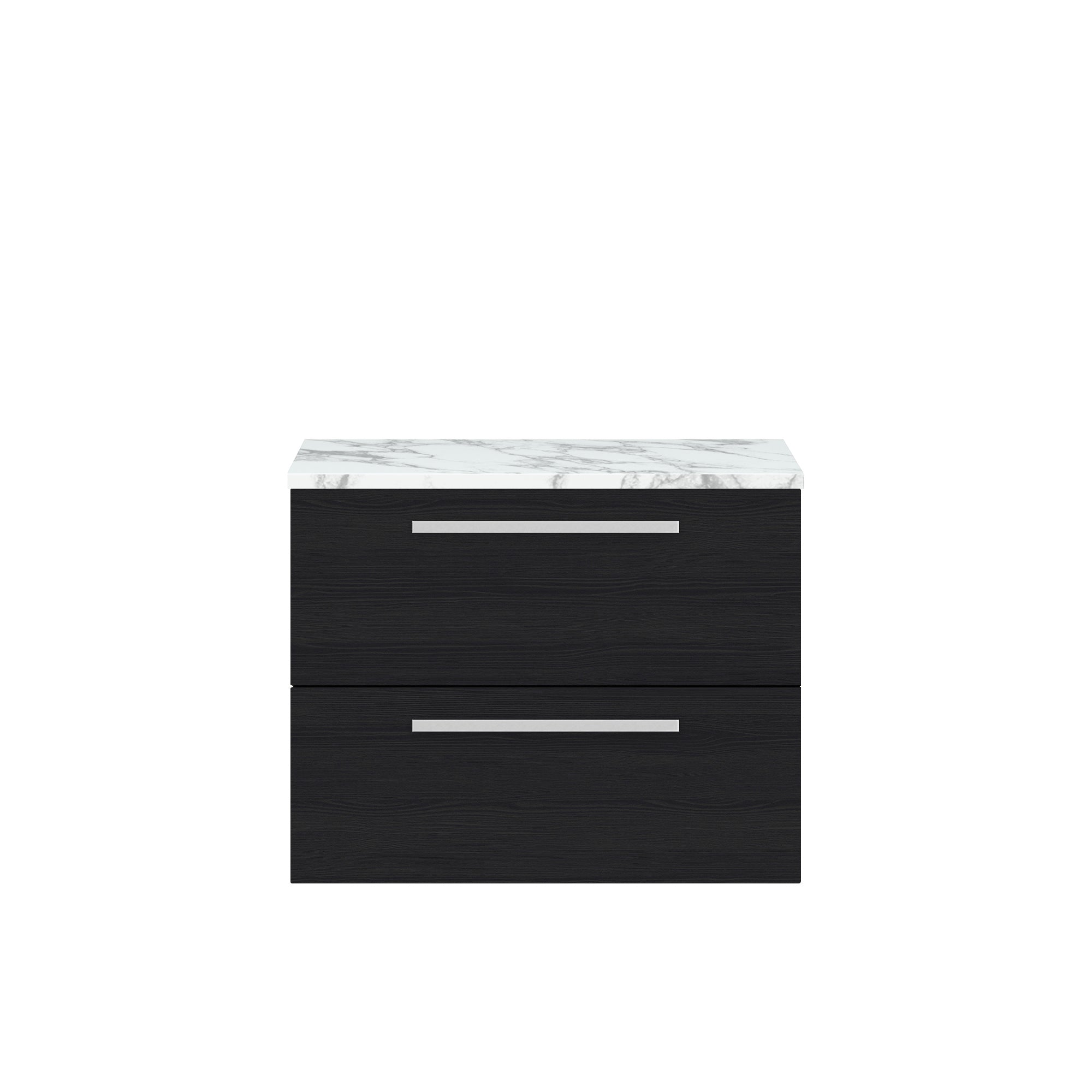 Minimalist black bathroom vanity with marble countertop, sleek silver handles, and modern storage drawers. Perfect for contemporary bathroom design and functional storage solutions.