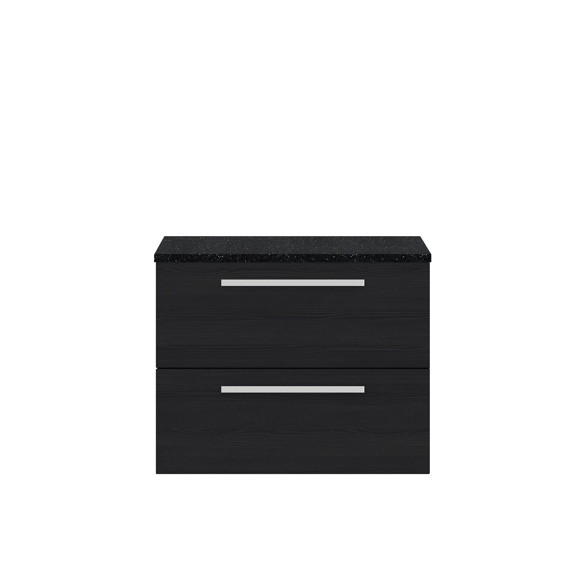 Sleek black bathroom vanity unit with two drawers and a textured black countertop, ideal for modern bathroom storage and stylish organisation. Perfect for contemporary bathroom designs.
