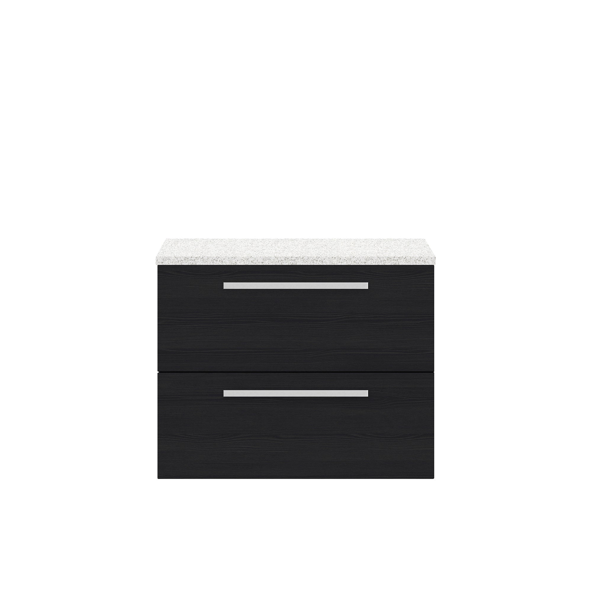 Modern black bathroom vanity unit with a textured finish and a contrasting white marble countertop, designed for stylish and functional bathroom storage solutions.