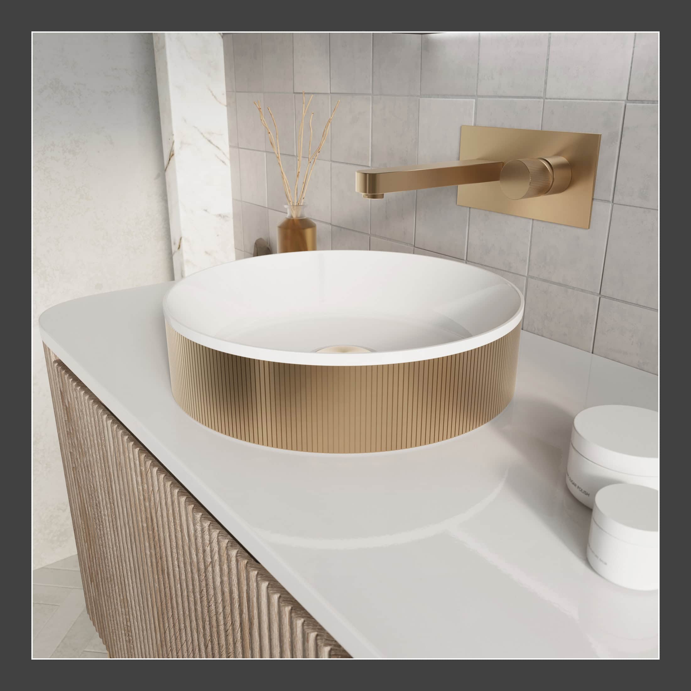 Sleek modern bathroom vanity with a round, white vessel sink featuring a textured beige exterior and minimalist gold faucet for a contemporary bathroom aesthetic.