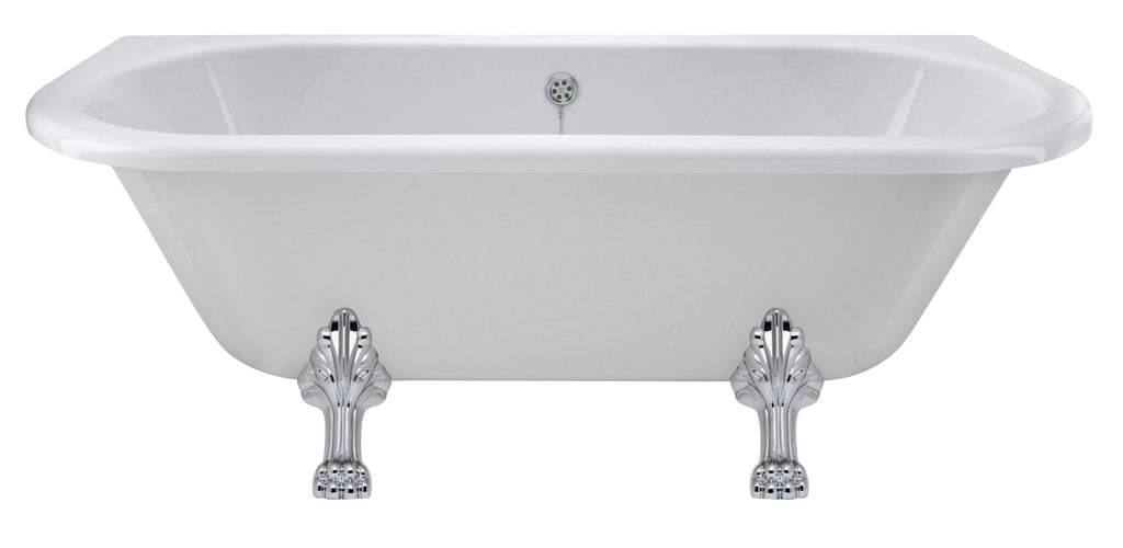 Elegant freestanding white bathtub featuring clawfoot chrome legs, perfect for luxury bathrooms, offering a stylish and comfortable bathing experience.