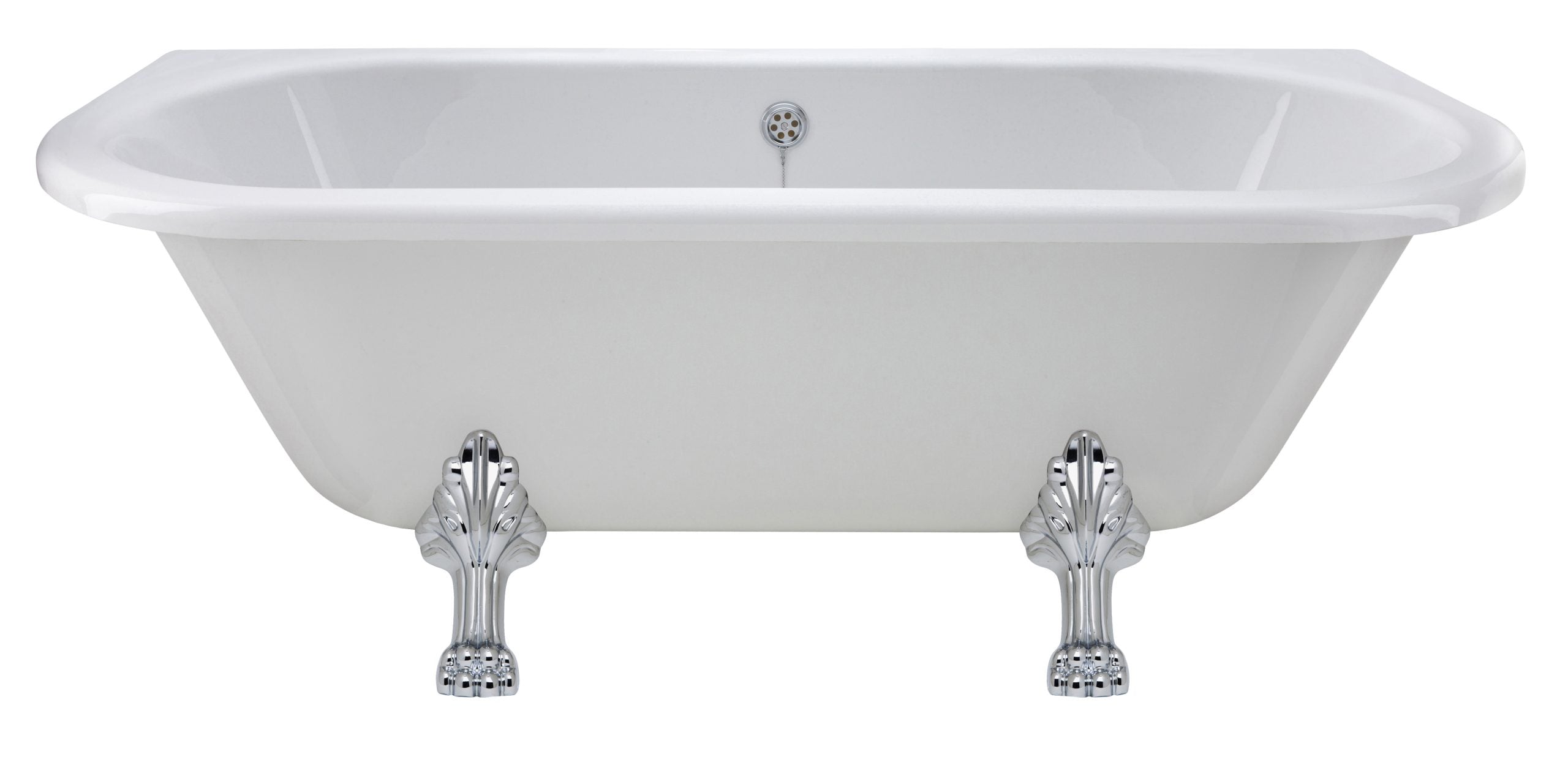 Elegant freestanding white bathtub featuring clawfoot chrome legs, perfect for luxury bathrooms, offering a stylish and comfortable bathing experience.