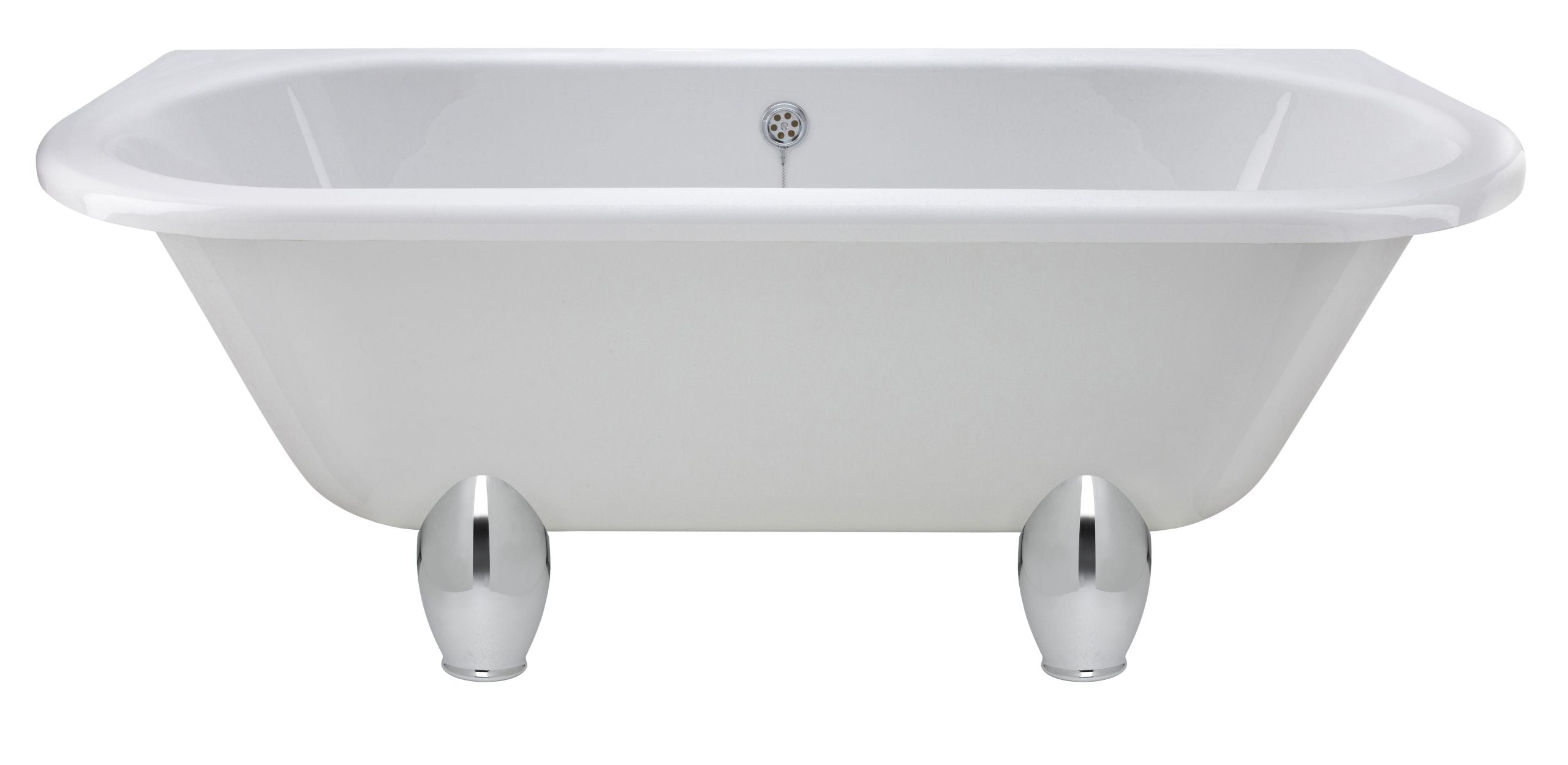 Sleek white vintage clawfoot bathtub with chrome legs, perfect for classic bathroom designs and luxury bathing experiences.