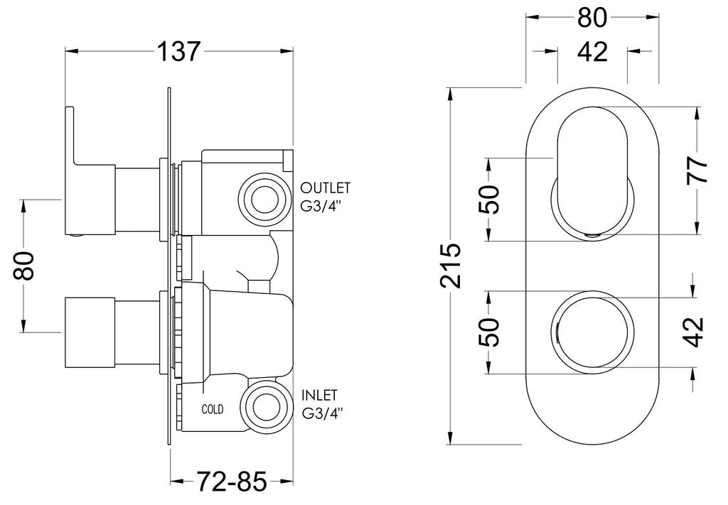 High-quality bathroom tap technical drawing with precise dimensions and G3/4" inlet/outlet connections, ideal for plumbing installation and bathroom renovation projects.