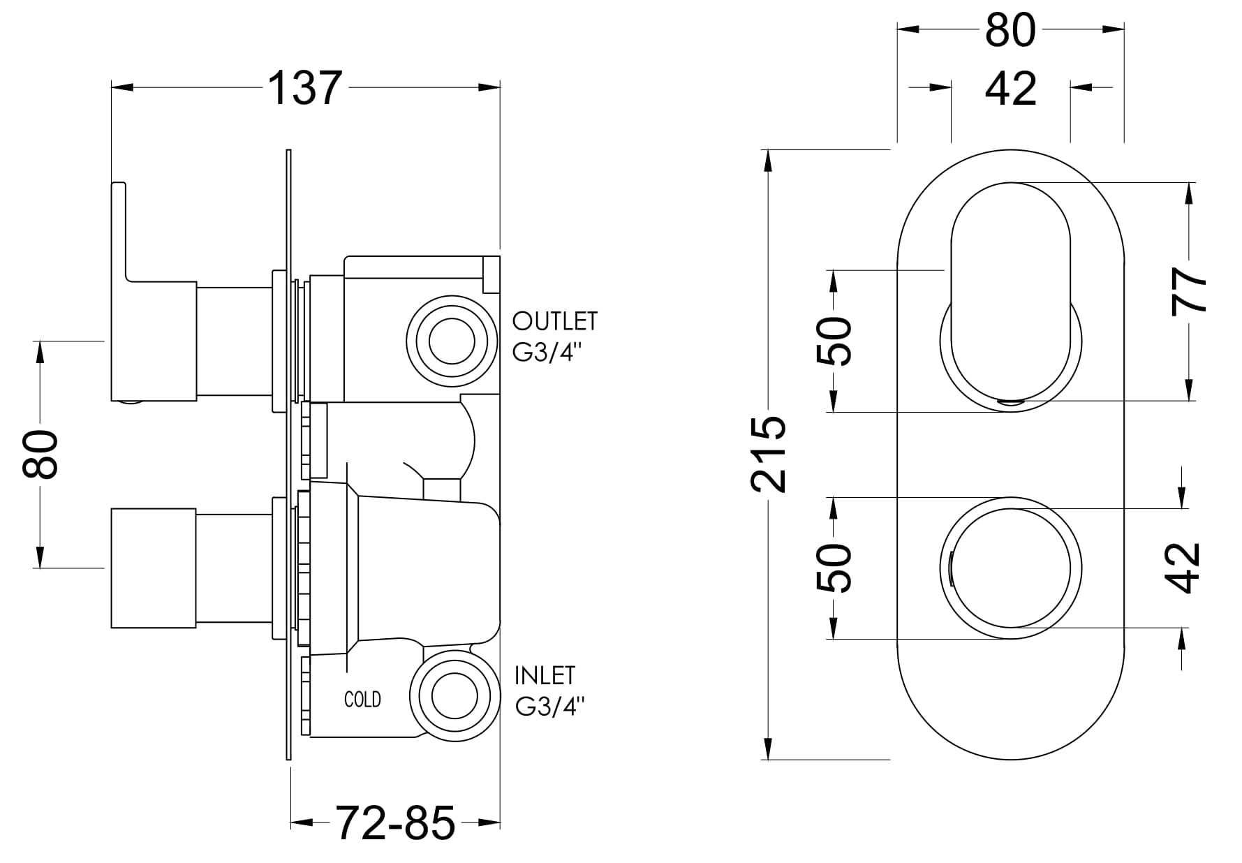 High-quality bathroom tap technical drawing with precise dimensions and G3/4" inlet/outlet connections, ideal for plumbing installation and bathroom renovation projects.