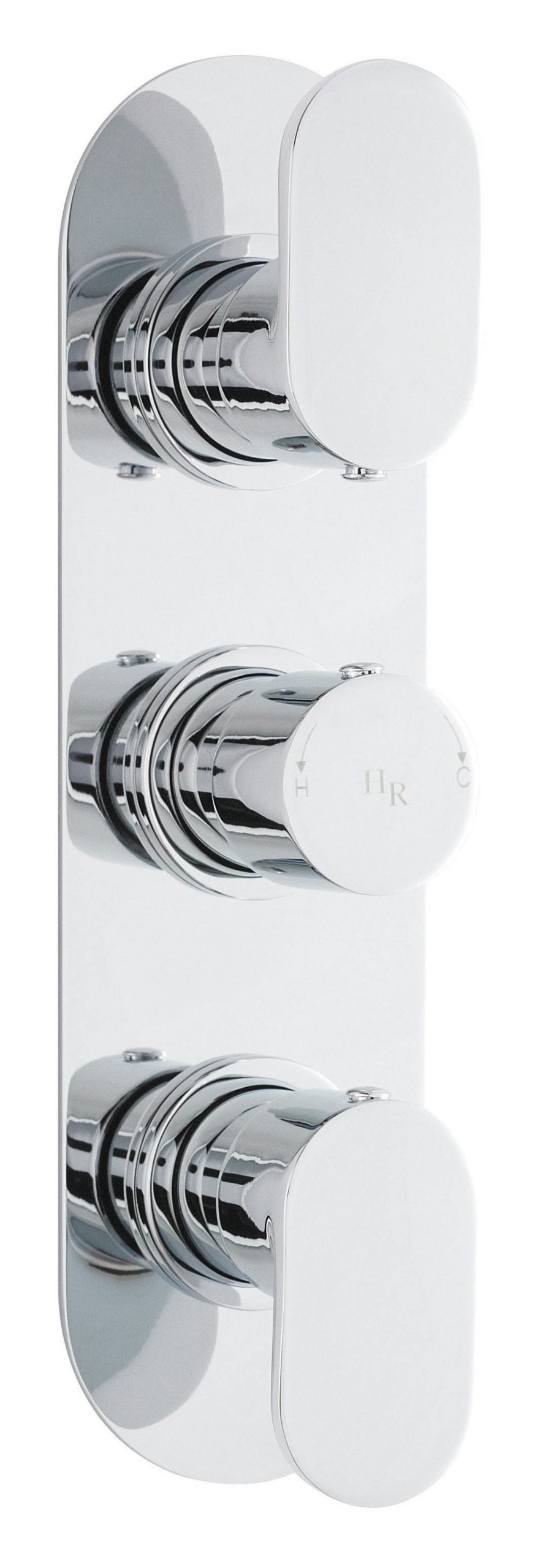 Brass shower valve with three controls for outdoor bathroom or shower system, featuring a modern chrome finish and precise temperature regulation.