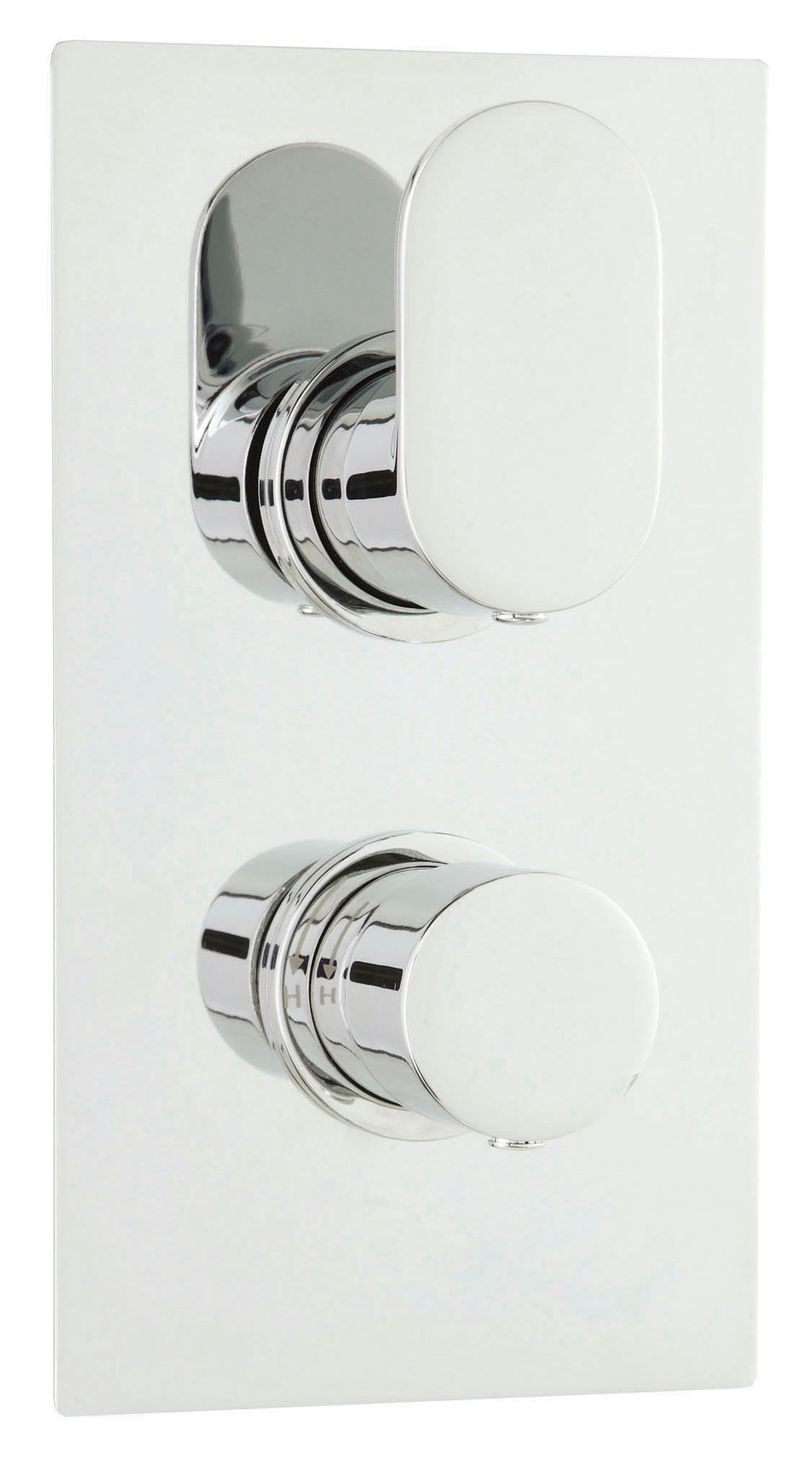 Contemporary chrome dual-control shower valve with a sleek, modern design perfect for luxury bathrooms.