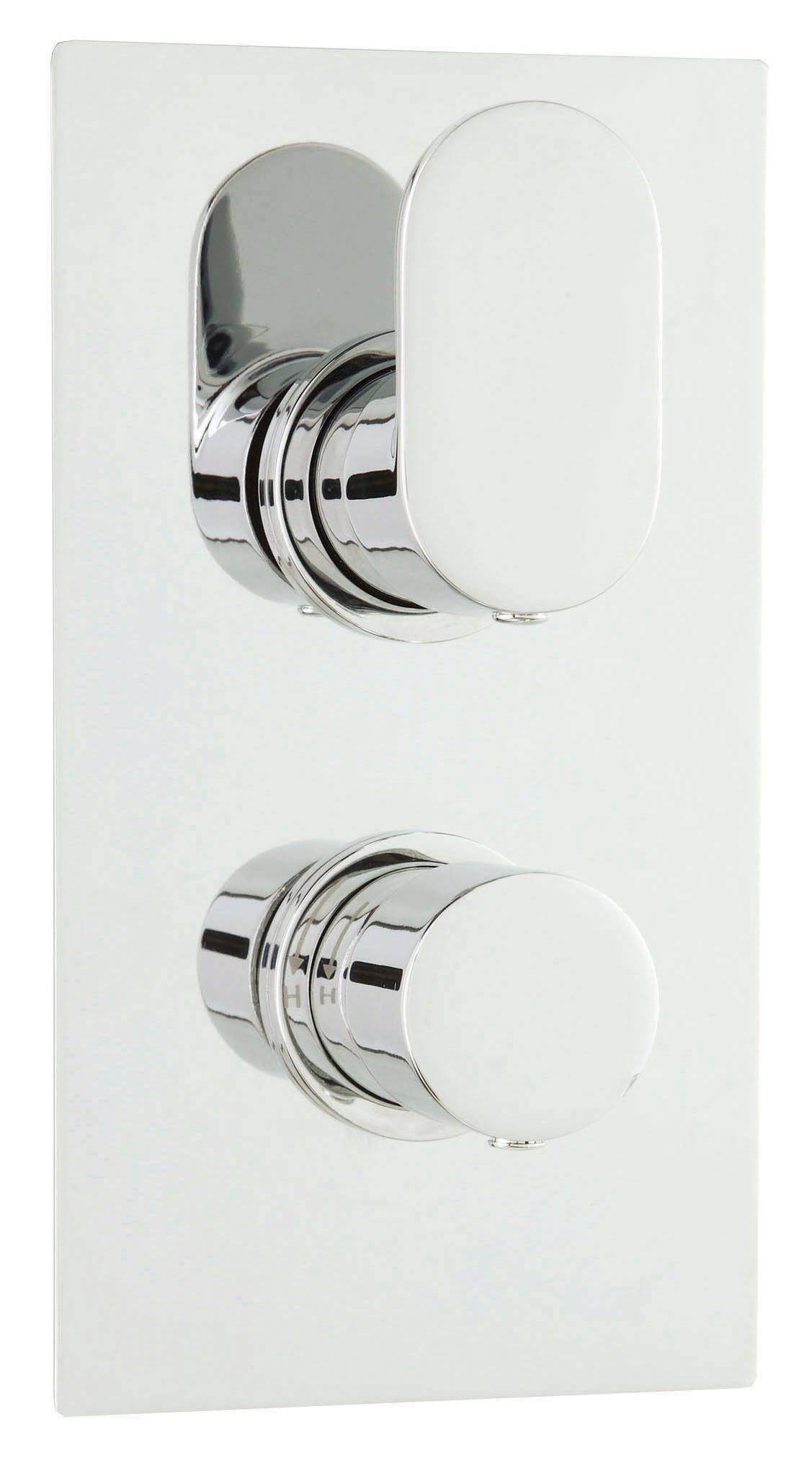 Chrome bathroom thermostatic shower valve with dual controls and white wall plate, ideal for modern bathroom installations.