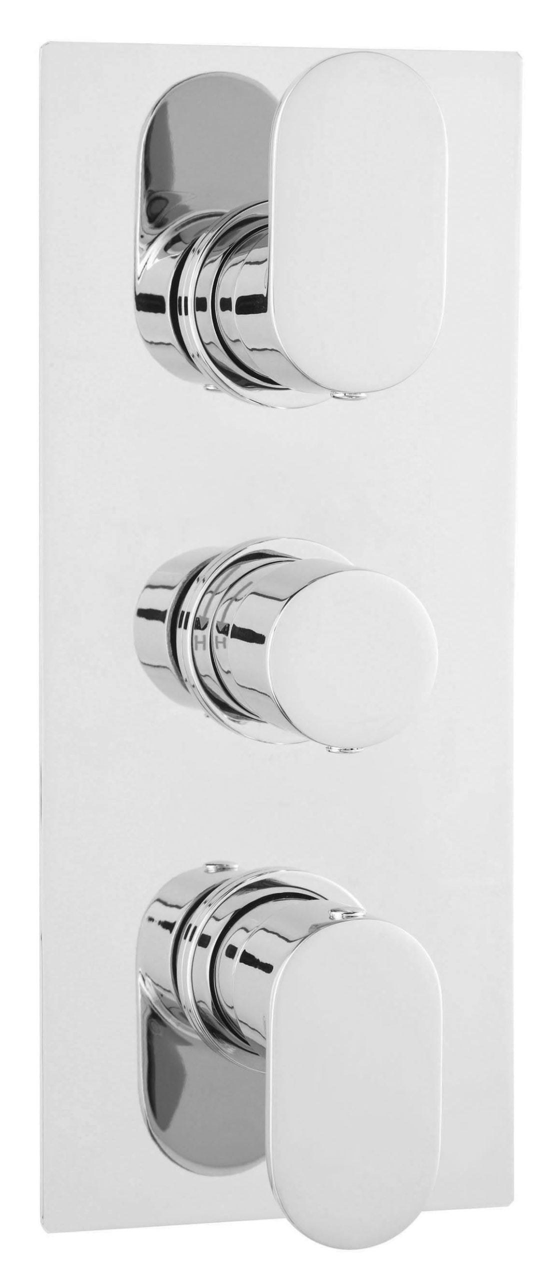 Chrome bathroom mixing valve with adjustable control knobs for shower and bath tap systems. Sleek, modern design perfect for contemporary bathroom renovations.