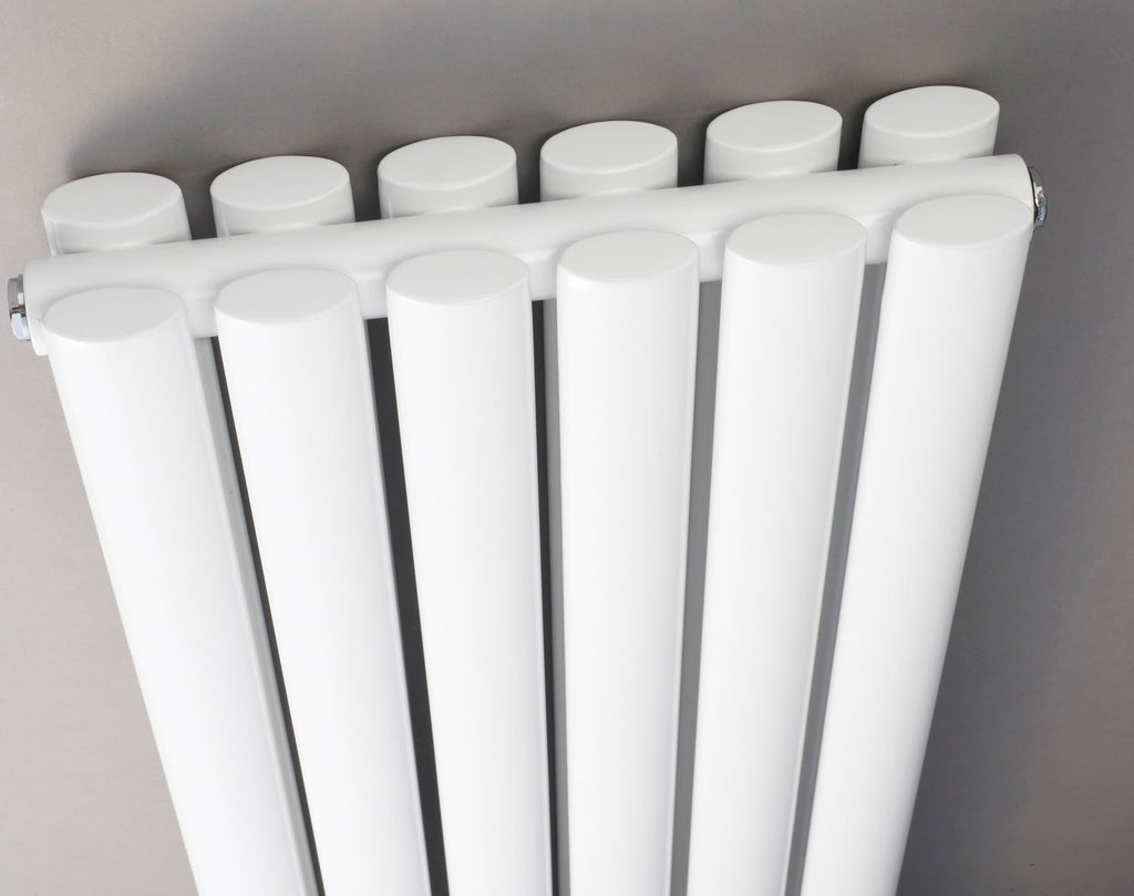 White modern radiator for bathroom heating, sleek and efficient design.