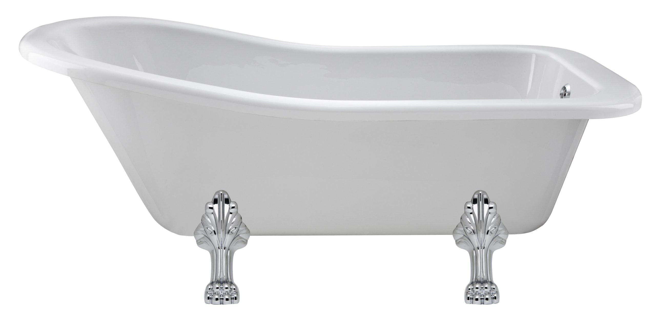 Elegant white freestanding bathtub with clawfoot chrome legs, ideal for luxurious bathroom upgrades and classic interior design.