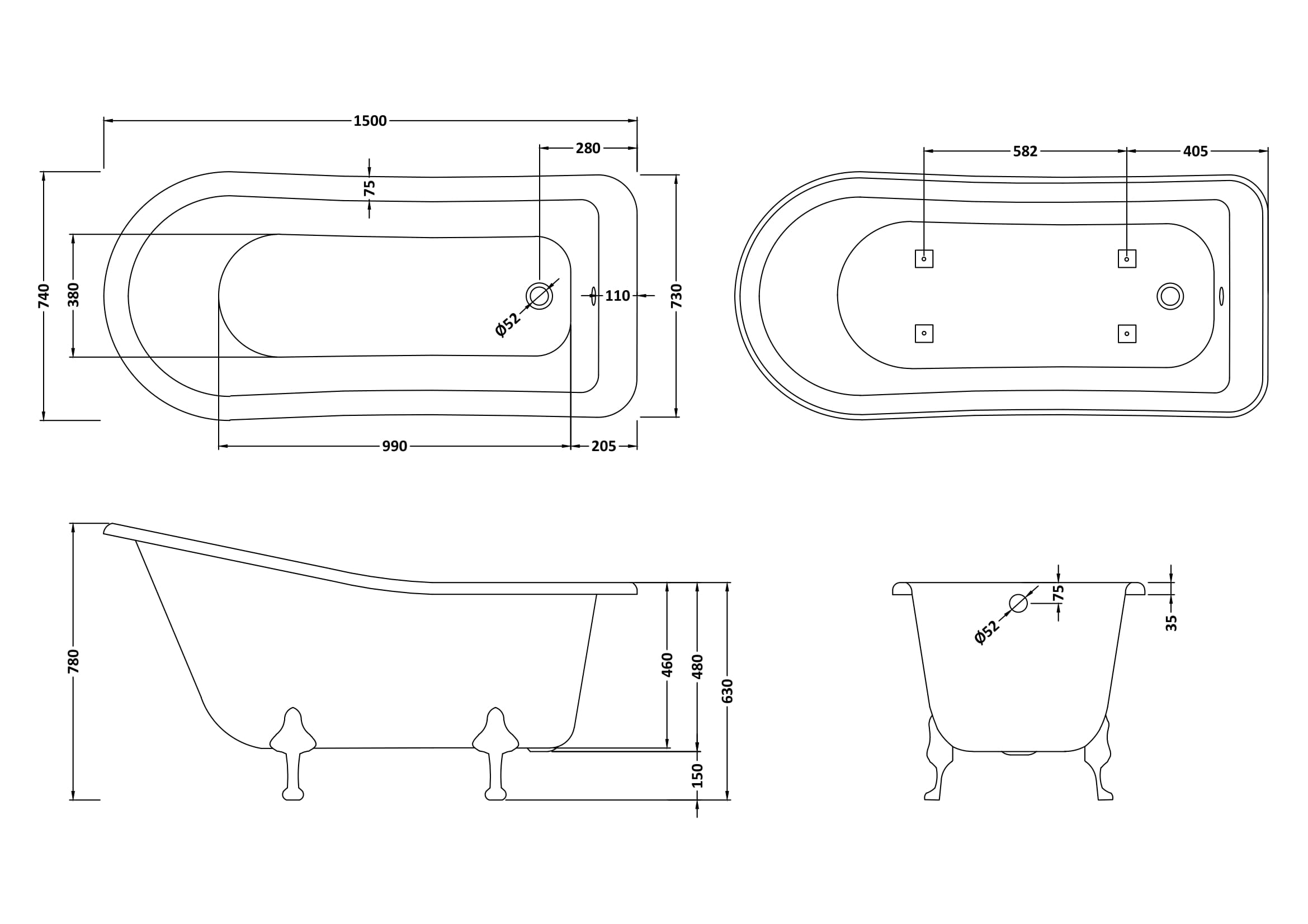 Elegant freestanding bathtub with vintage clawfoot design, detailed technical schematics showcasing dimensions and plumbing layout, ideal for classic bathroom renovations.