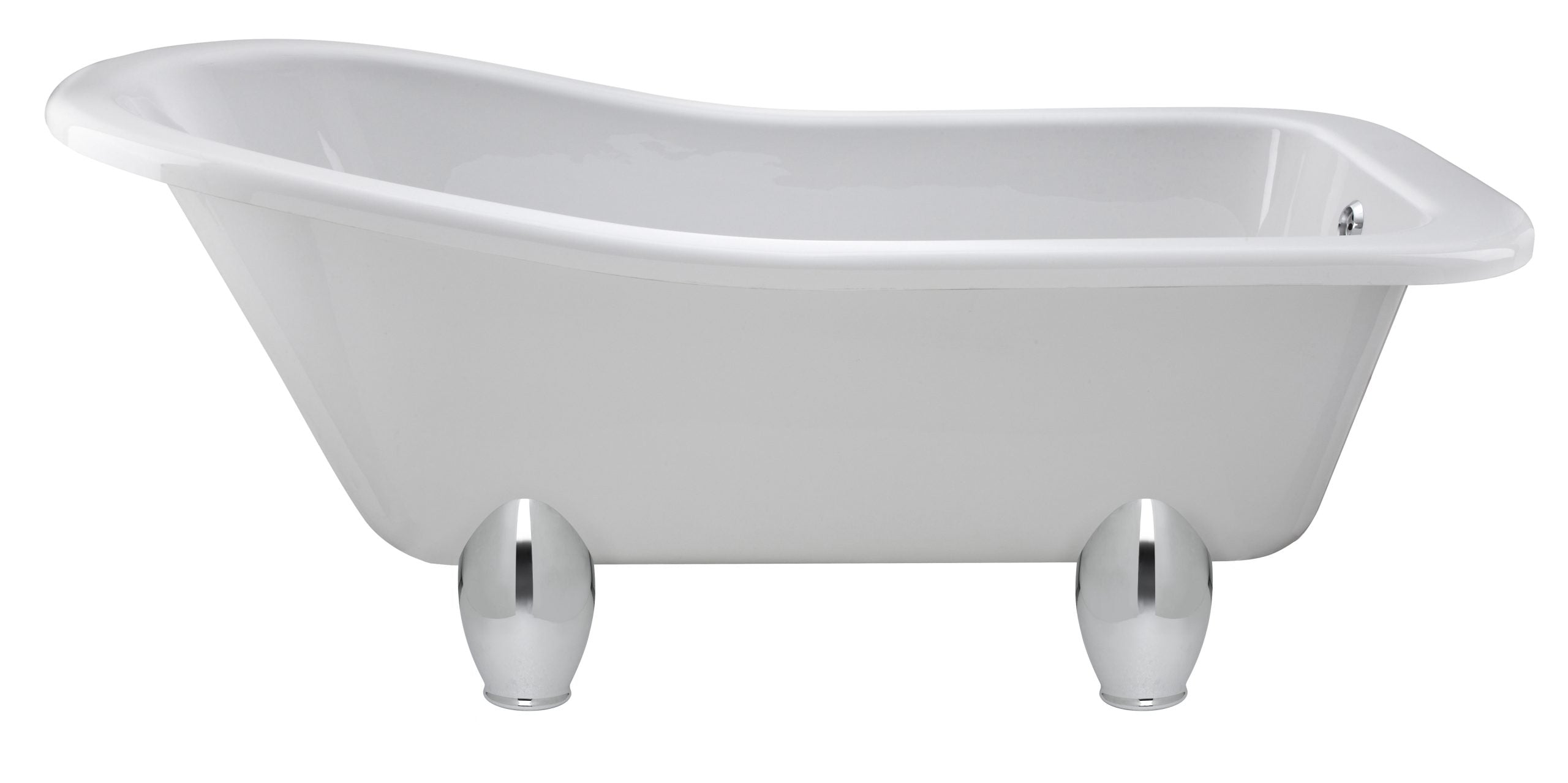 Sleek white freestanding bath with clawfoot-style chrome legs, perfect for luxury bathroom design and relaxing baths.