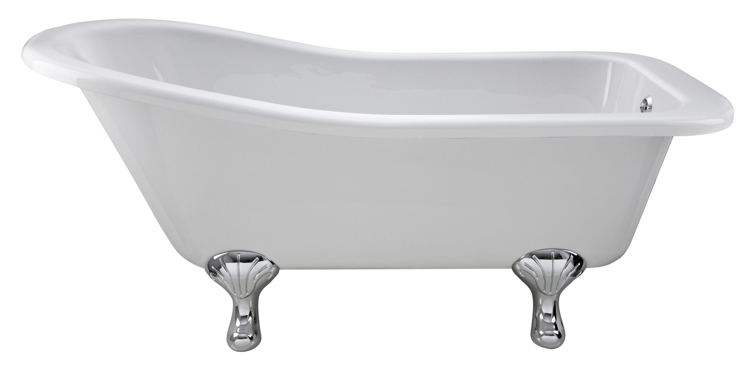 Elegant white clawfoot bathtub with chrome feet, perfect for luxury bathrooms and vintage bathroom decor. Ideal for soaking and relaxation, offering timeless style and comfort.