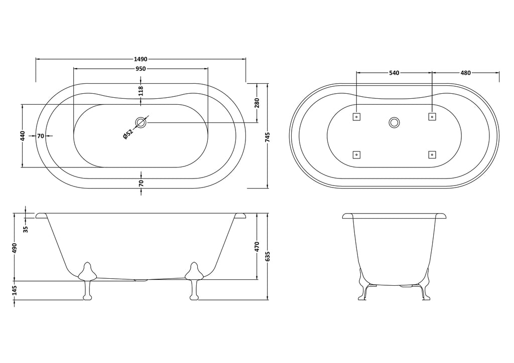 Schematic design of a luxurious vintage-style freestanding bathroom bathtub with detailed measurements, ideal for classic bathroom decor and high-end bathroom renovations.