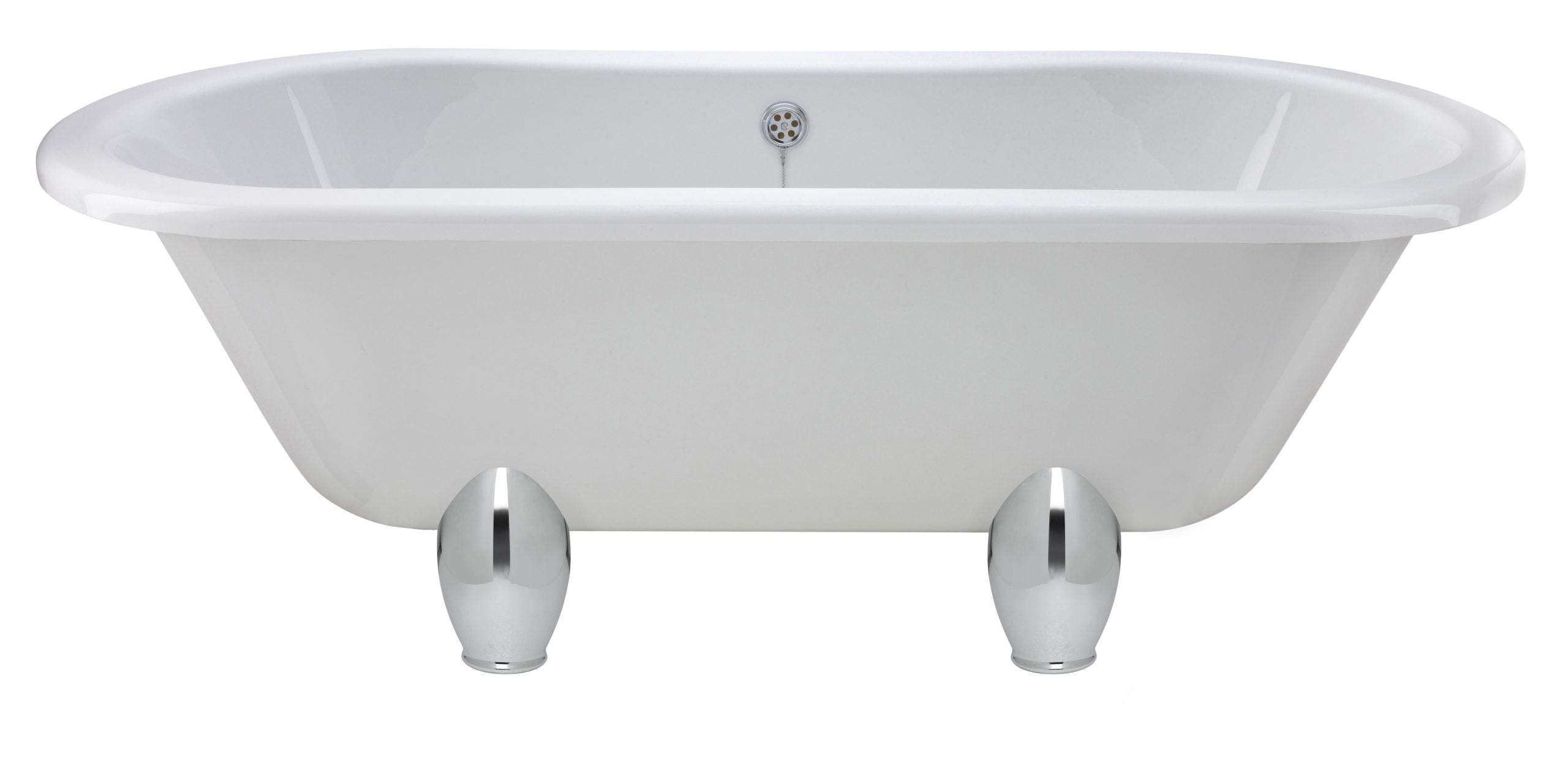 Elegant white clawfoot bathtub with chrome feet, perfect for luxurious baths and vintage bathroom decor. Ideal for modern or classic bathroom design aesthetics.