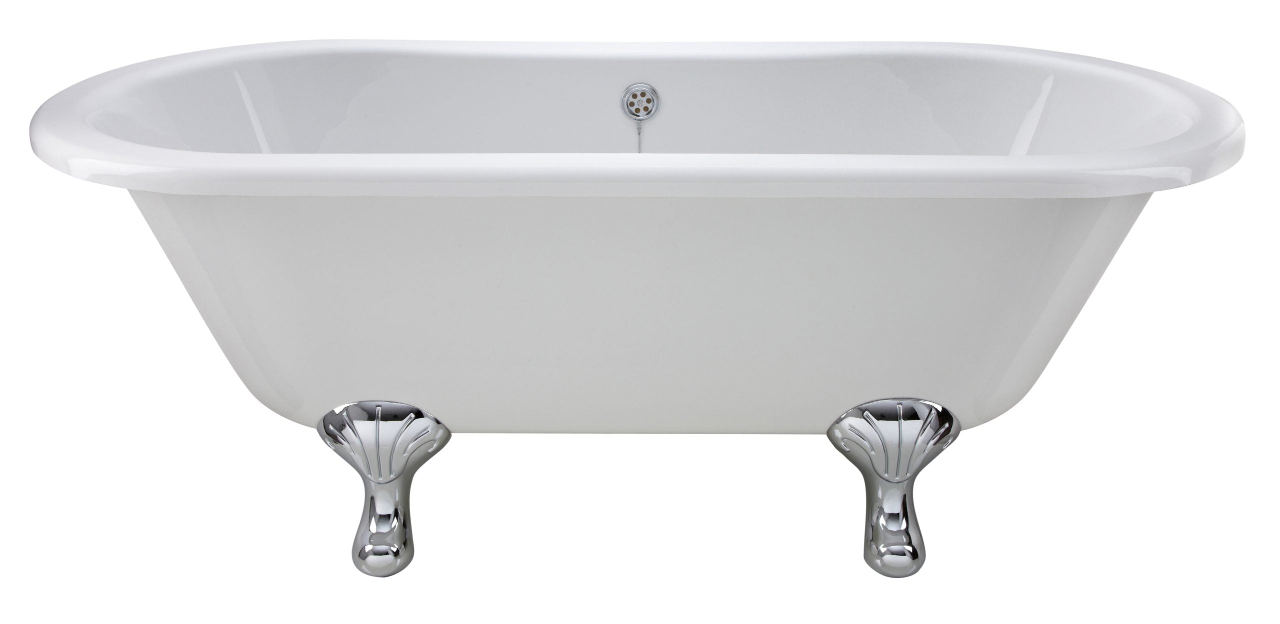 Elegant white vintage-style bathtub with chrome clawfoot legs, perfect for luxurious bathrooms and traditional bathroom design. Ideal for bath renovations and classic bathroom fixtures.