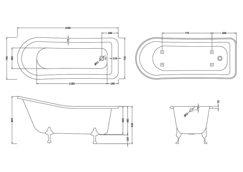 Elegant freestanding bathtub with vintage clawfoot design, detailed technical blueprint showcasing dimensions and construction, perfect for classic bathroom bathrooms and luxury bath decor.