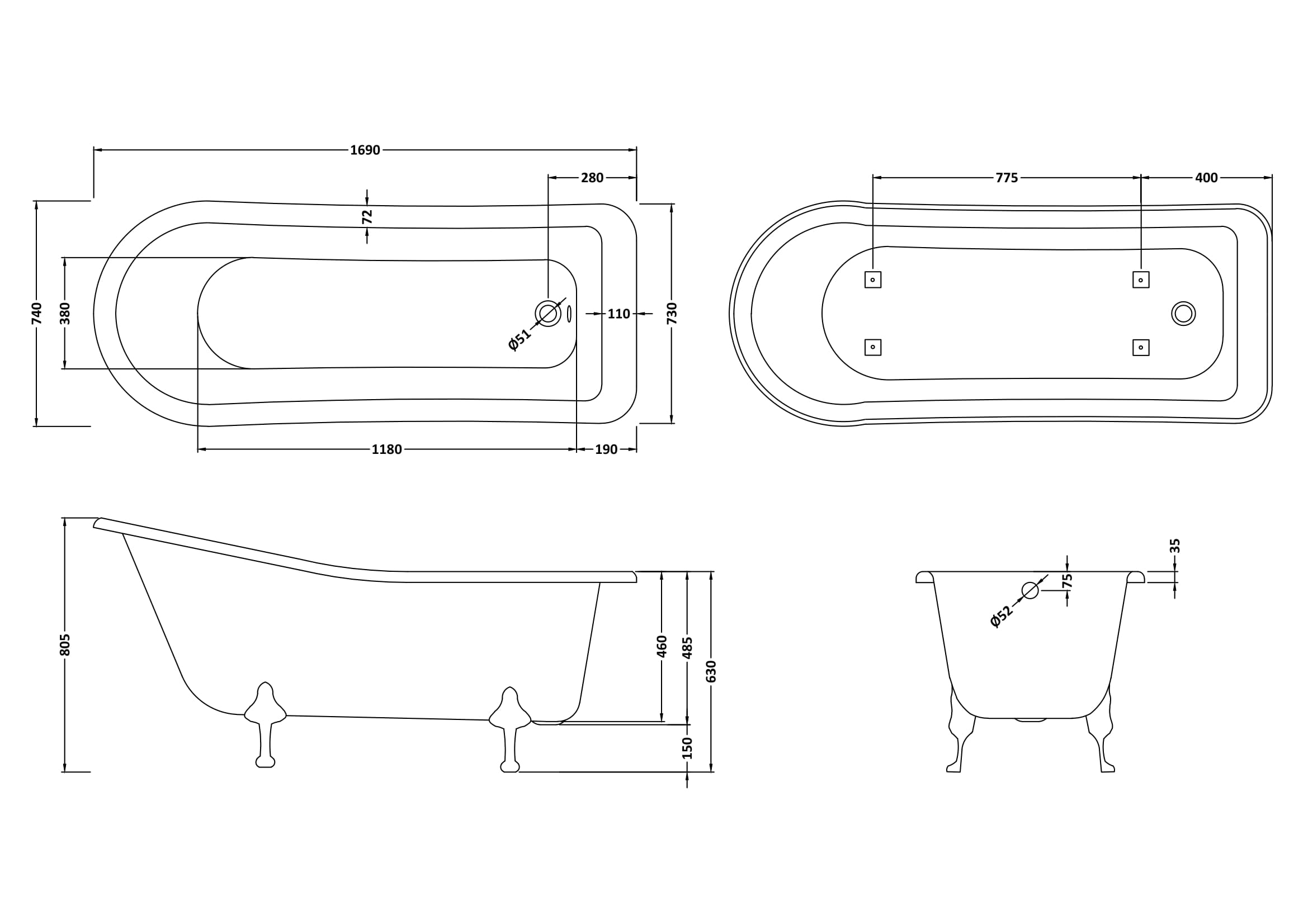Elegant freestanding bathtub with vintage clawfoot design, detailed technical blueprint showcasing dimensions and construction, perfect for classic bathroom bathrooms and luxury bath decor.