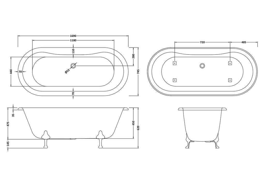 Elegant vintage-style freestanding bathtub with clawfoot design, ideal for luxurious bathroom renovations, featuring detailed measurements and classic aesthetic.