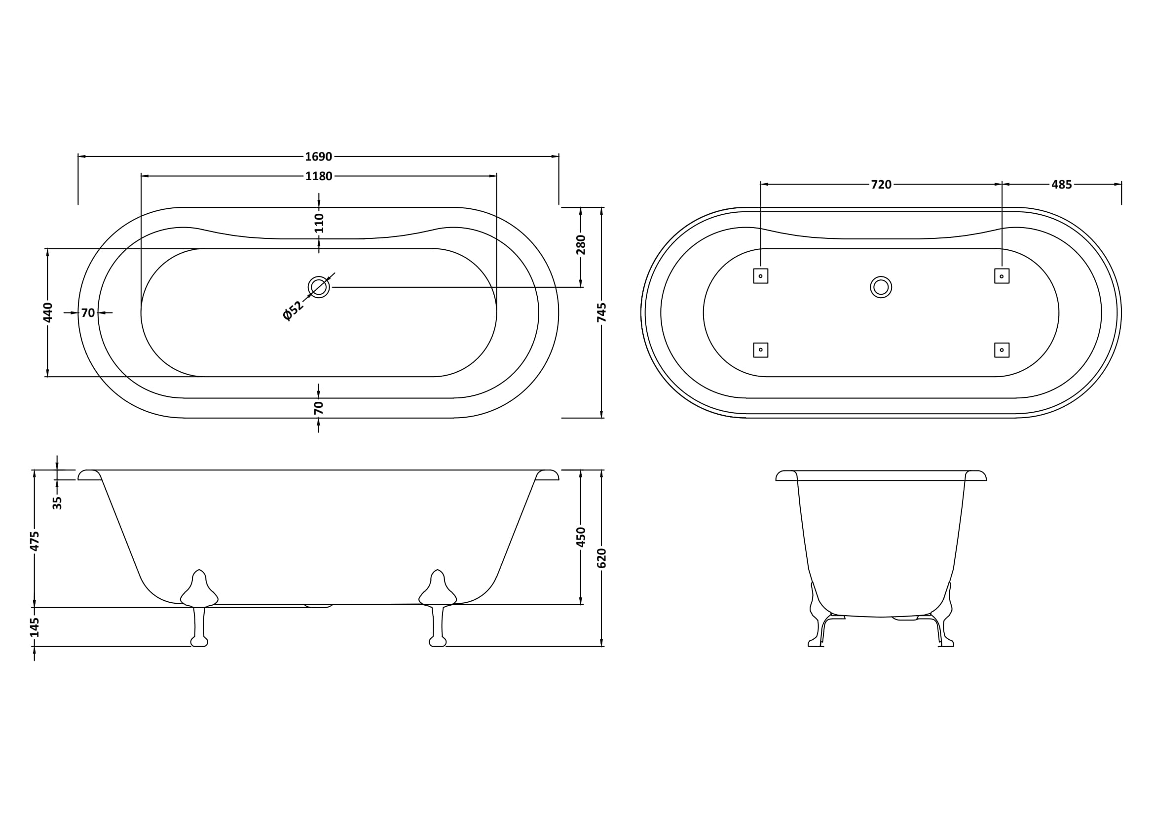 Elegant vintage-style freestanding bathtub with clawfoot design, ideal for luxurious bathroom renovations, featuring detailed measurements and classic aesthetic.