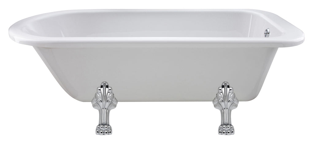 Acrylic clawfoot bathtub with chrome feet for vintage-style bathrooms.