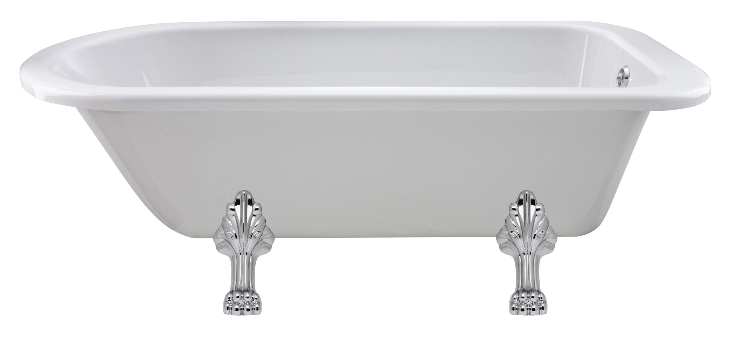 Acrylic clawfoot bathtub with chrome feet for vintage-style bathrooms.