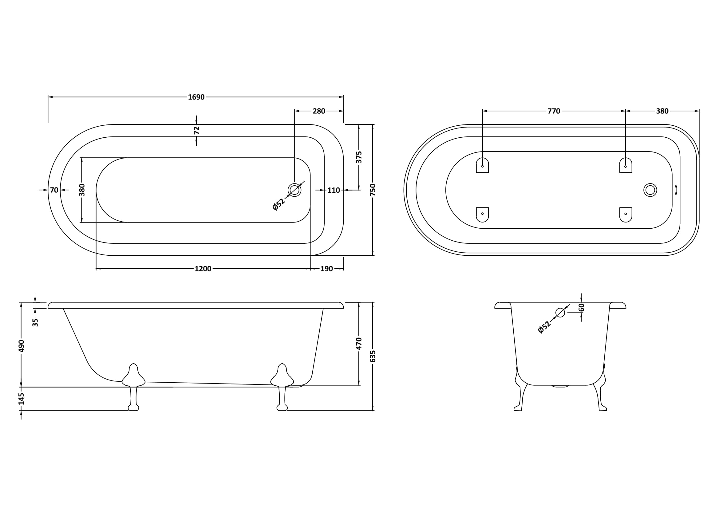 Elegant freestanding bathtub with classic clawfoot design, detailed technical drawing showcasing dimensions and plumbing positions, ideal for luxury bathroom remodels.