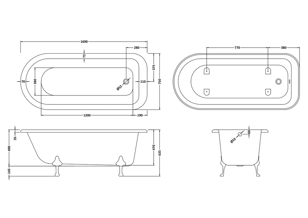 Elegant freestanding bathtub with classic clawfoot design, detailed technical drawing showcasing dimensions and plumbing positions, ideal for luxury bathroom remodels.