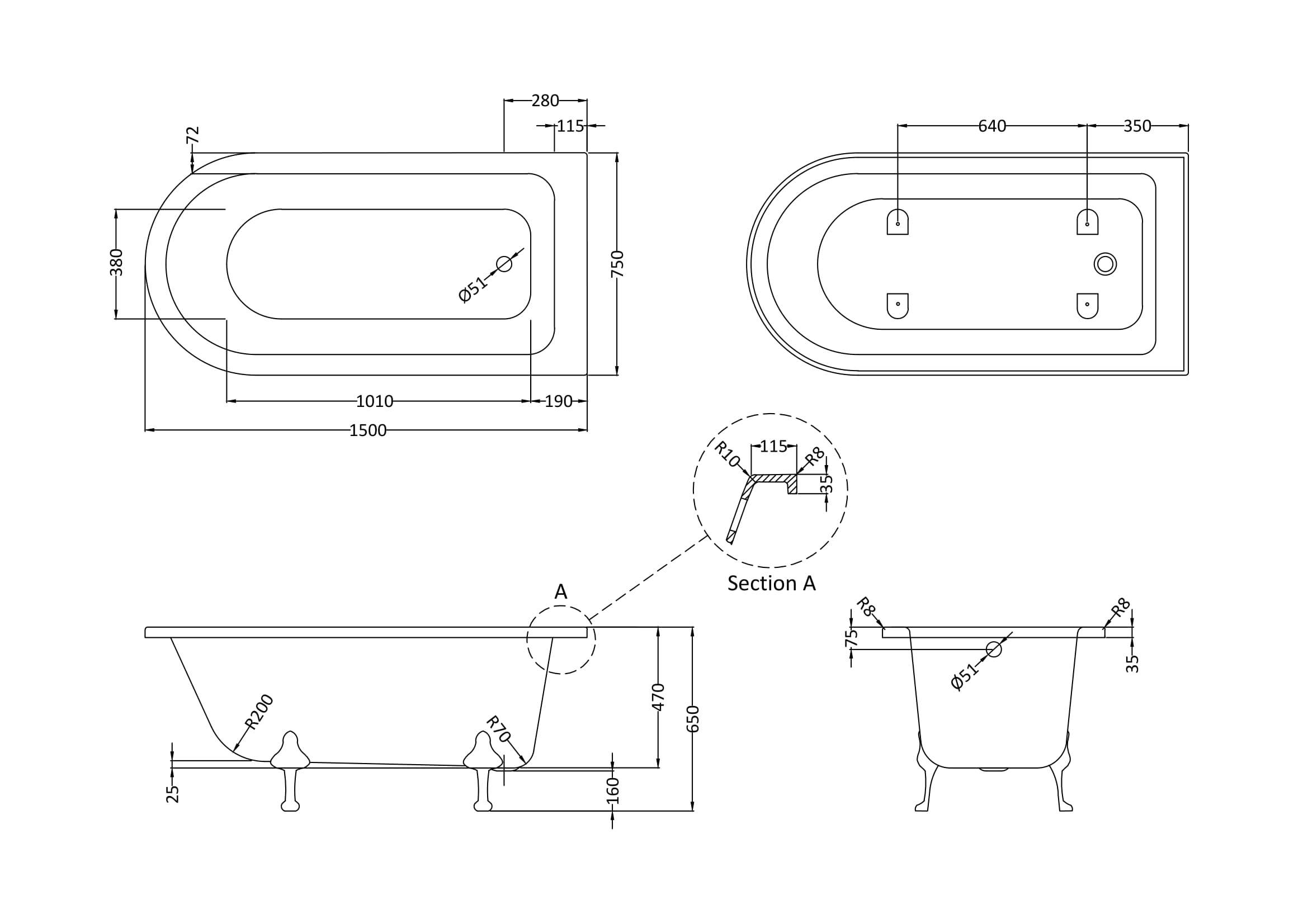 Detailed technical drawing of a classic bathtub with dimensions and plumbing specifications for modern bathroom design.