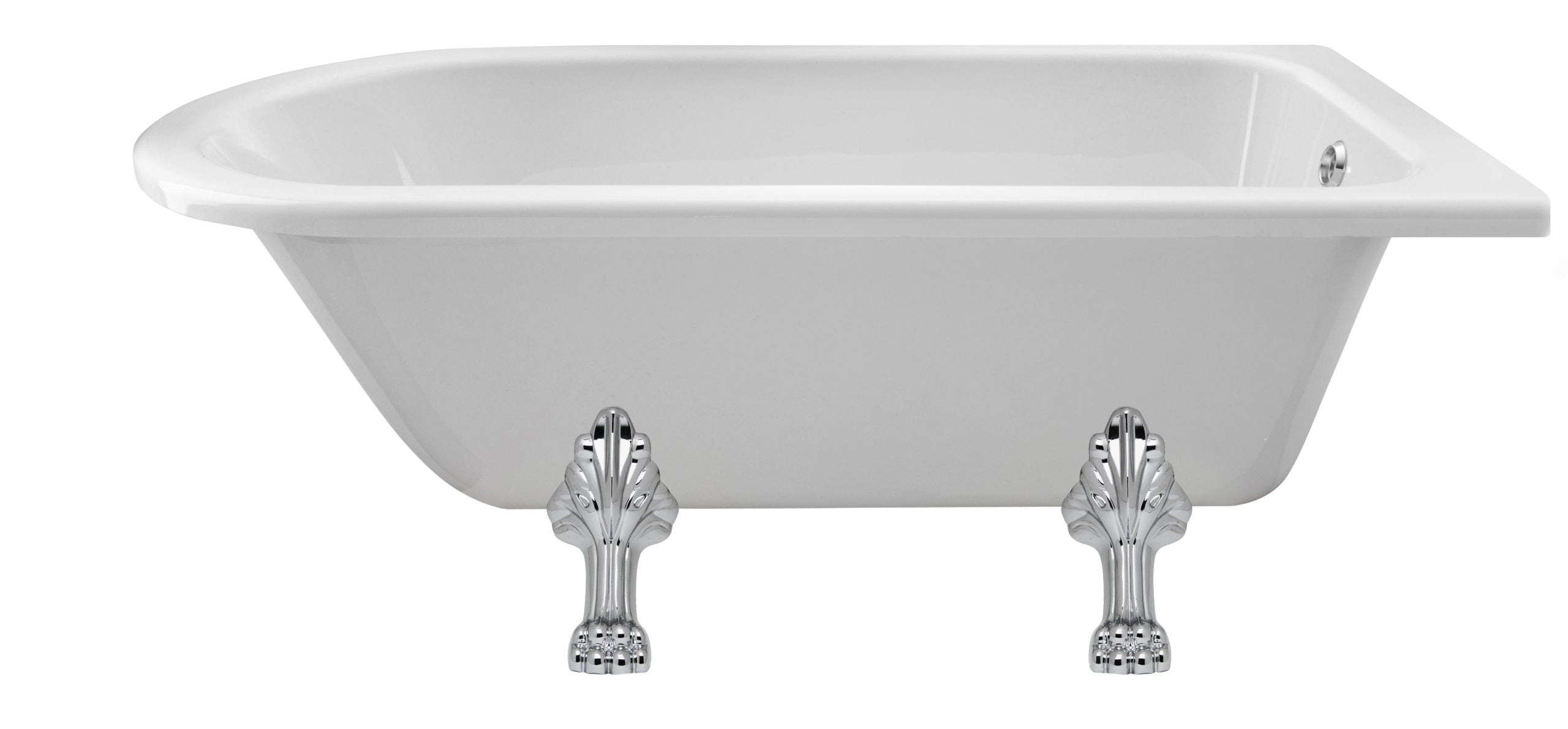Polished freestanding vintage-style white clawfoot bathtub with chrome legs, ideal for luxury bathroom renovations and classic home spa setups.