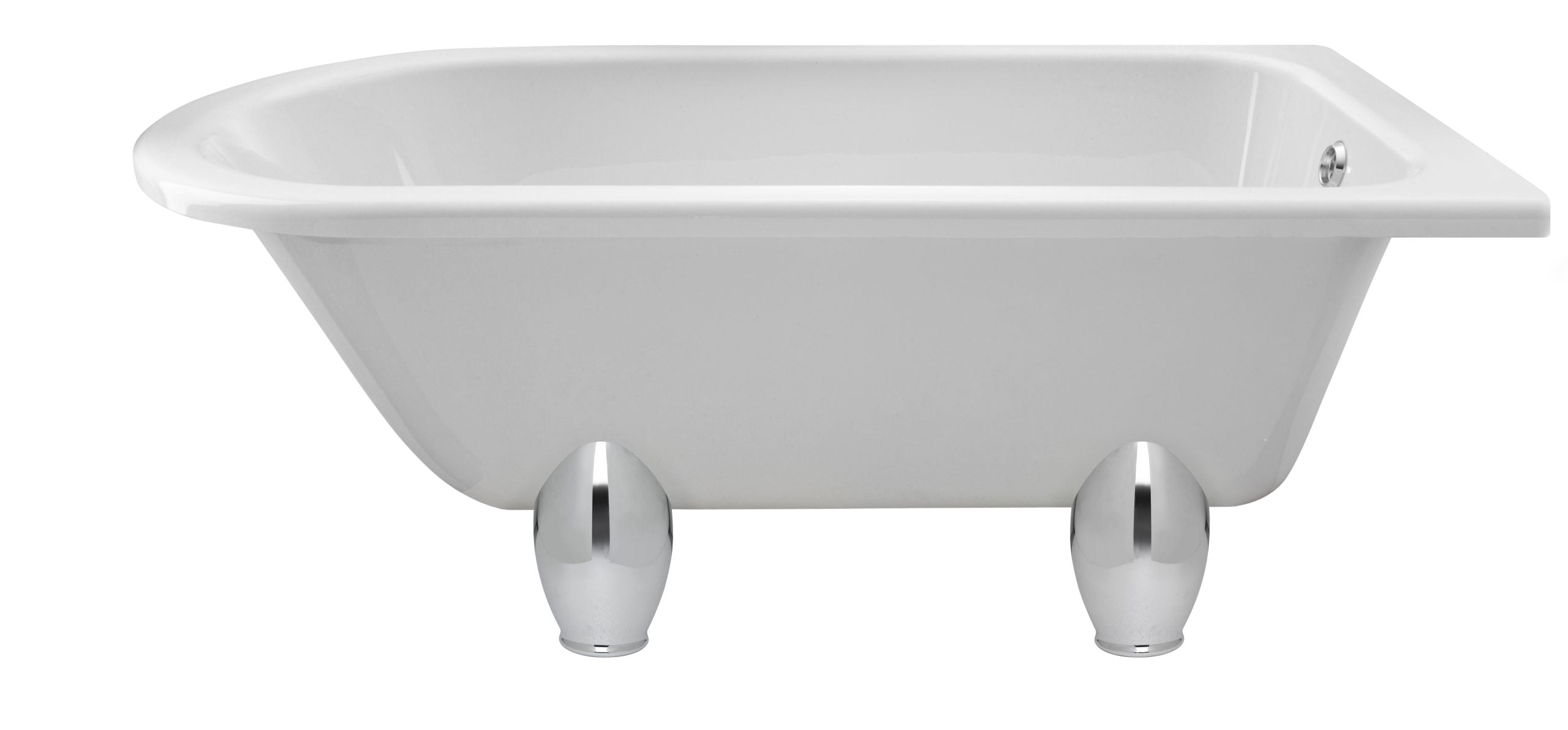 Shiny white vintage freestanding clawfoot bathtub with chrome feet, ideal for classic style bathrooms.