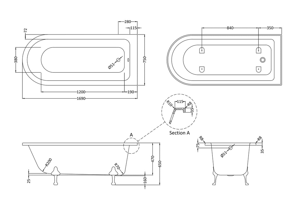 Schematic technical drawing of a classic clawfoot bathtub with detailed dimensions and design specifications for bathroom renovation or installation.