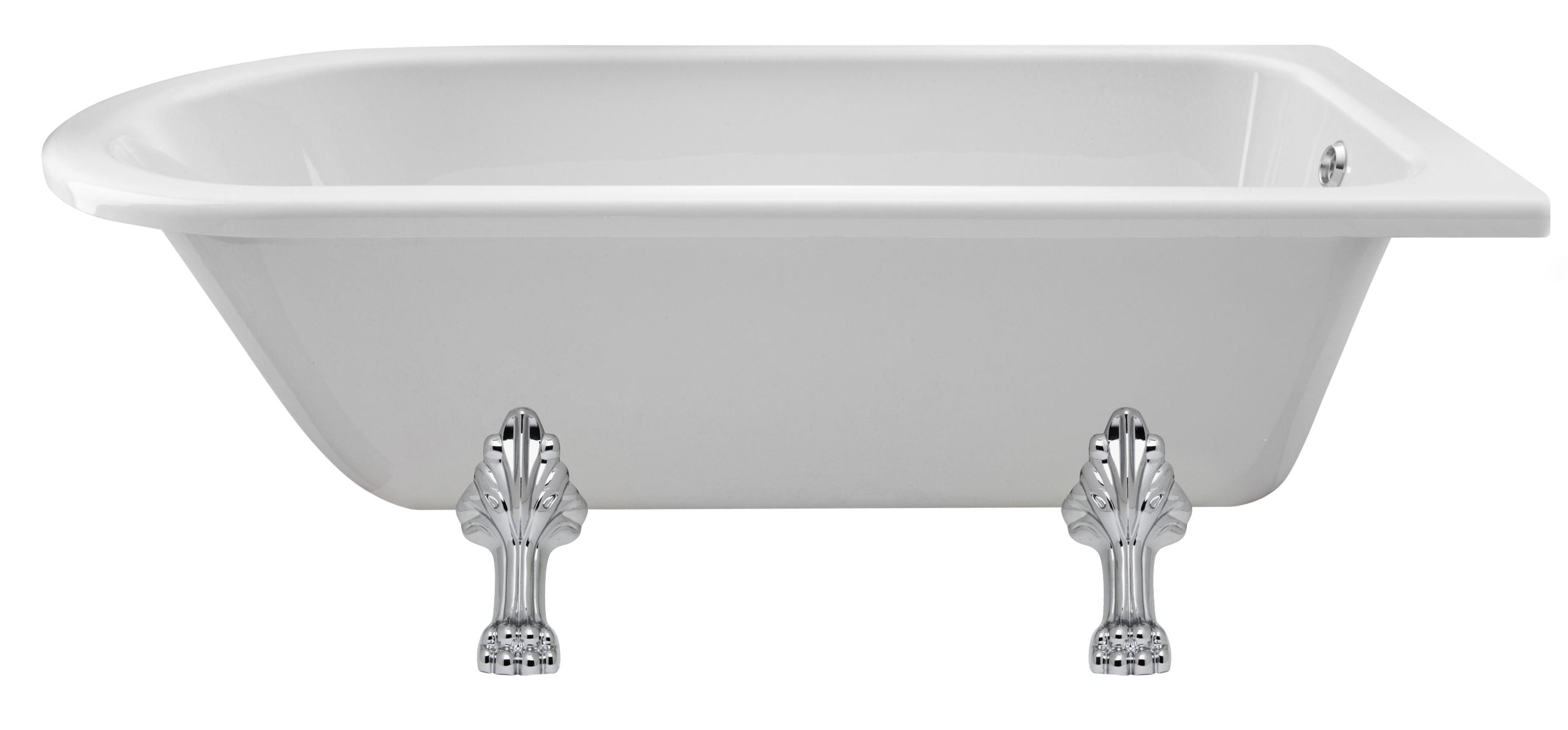 Elegant white clawfoot bathtub with chrome feet, ideal for luxurious bathroom designs and high-quality bathroom installations. Perfect for classic and vintage style bathrooms.