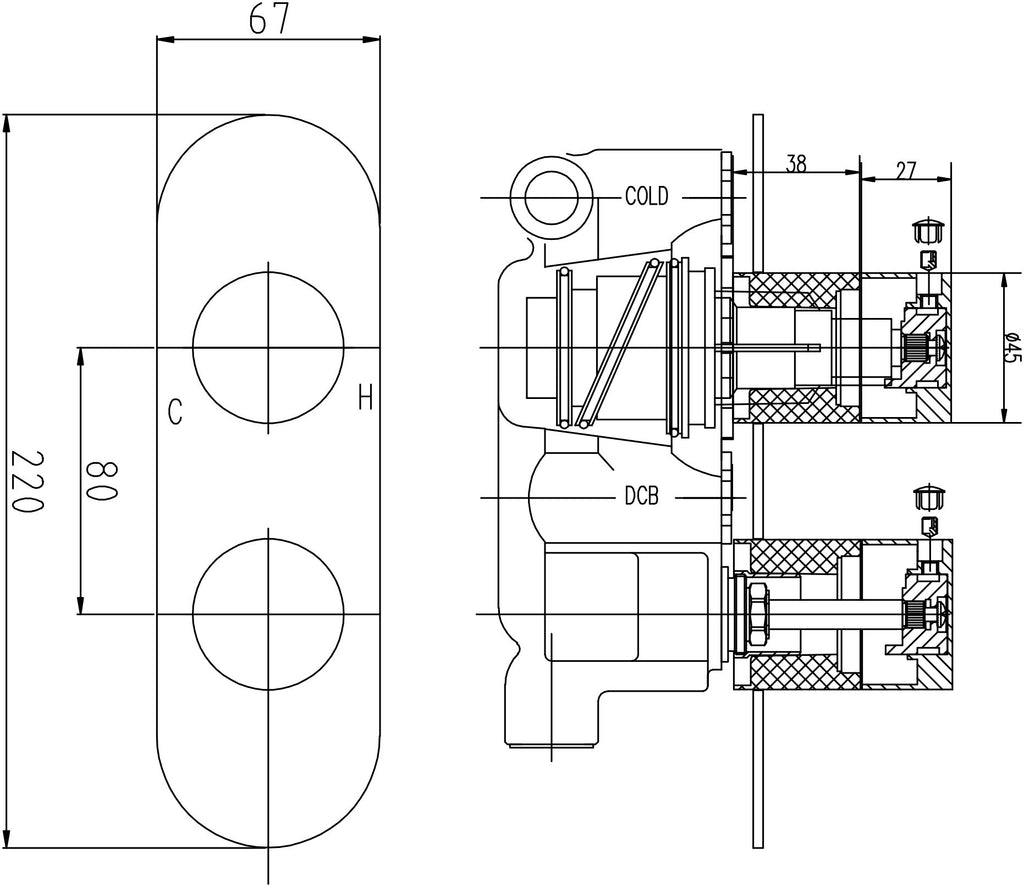 Shower valve technical diagram with dimensions and plumbing details for bathroom renovation.