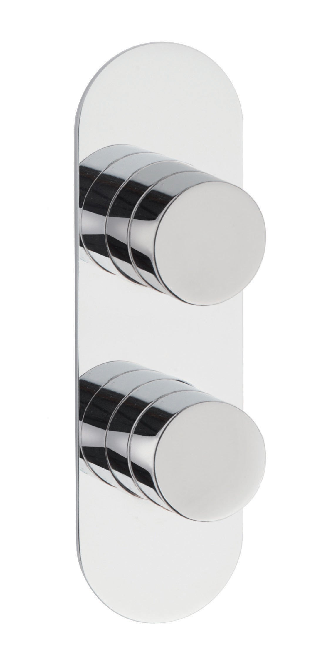 Shower control knobs with a modern chrome finish on a white background, perfect for bathroom renovations and upgrades focusing on sleek and functional bathroom fixtures.