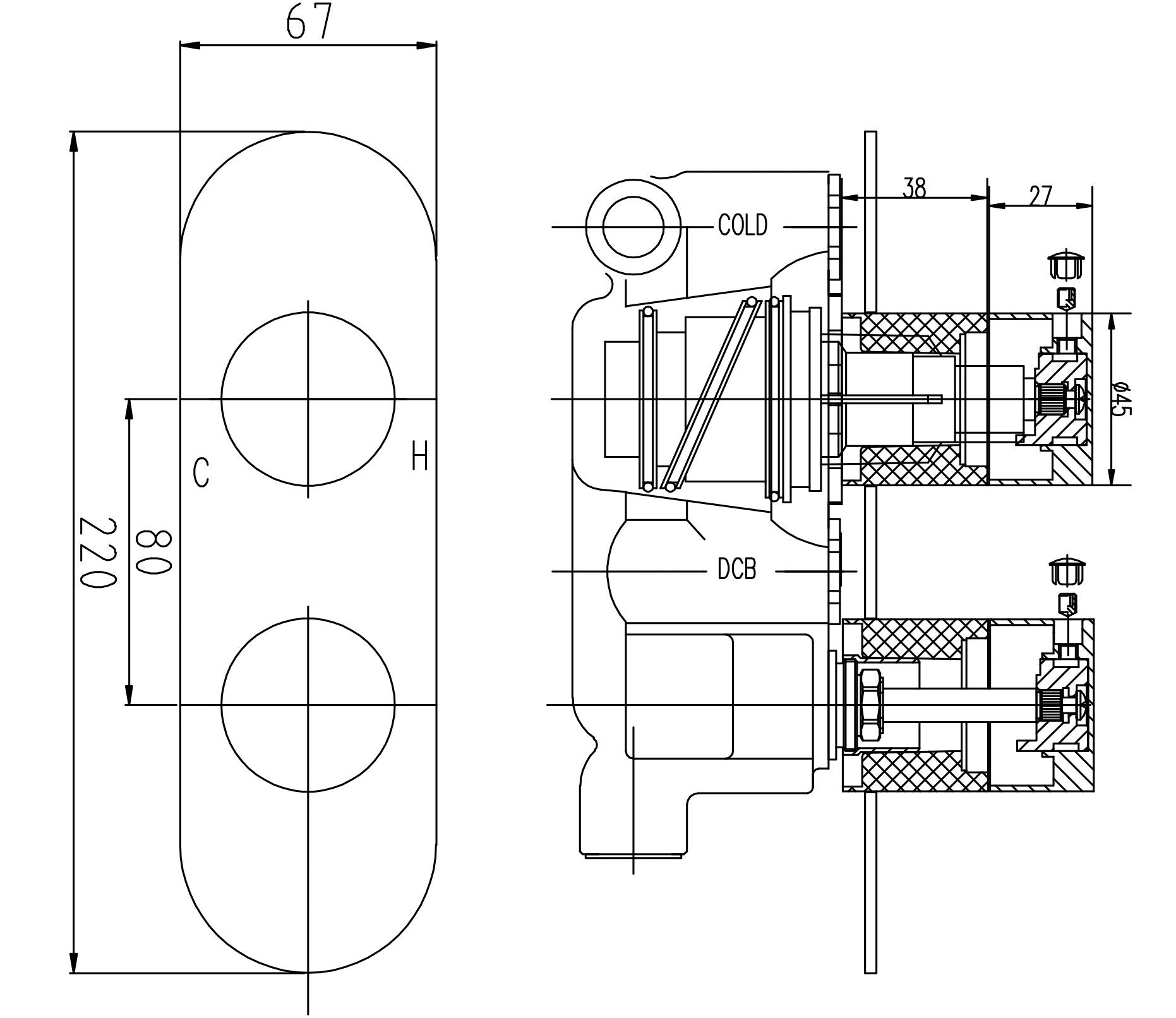 High-quality technical diagram of a modern bathroom mixer valve, showing detailed measurements and internal components for plumbing installation and bathroom design.
