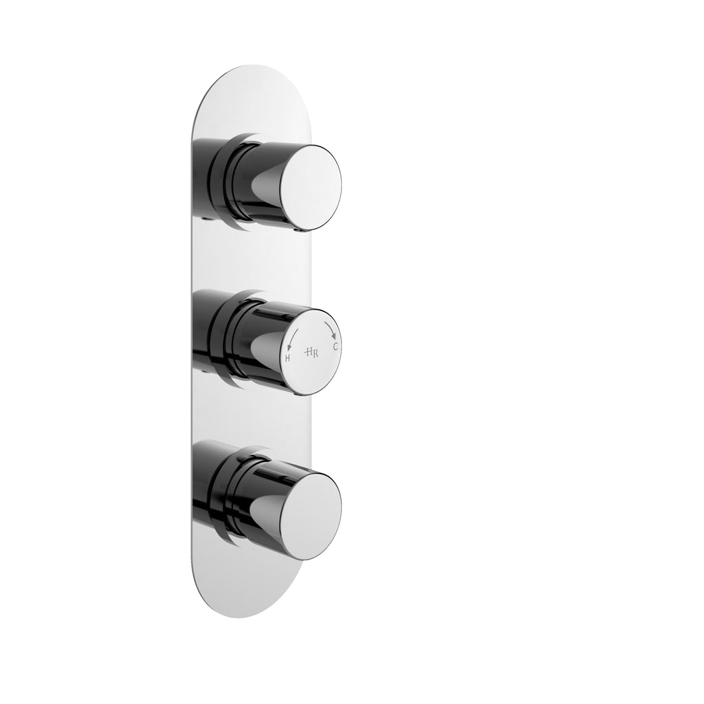 Shiny chrome thermostatic shower control panel with three adjustable dials for precise temperature and water flow regulation, designed for modern bathroom bathrooms.