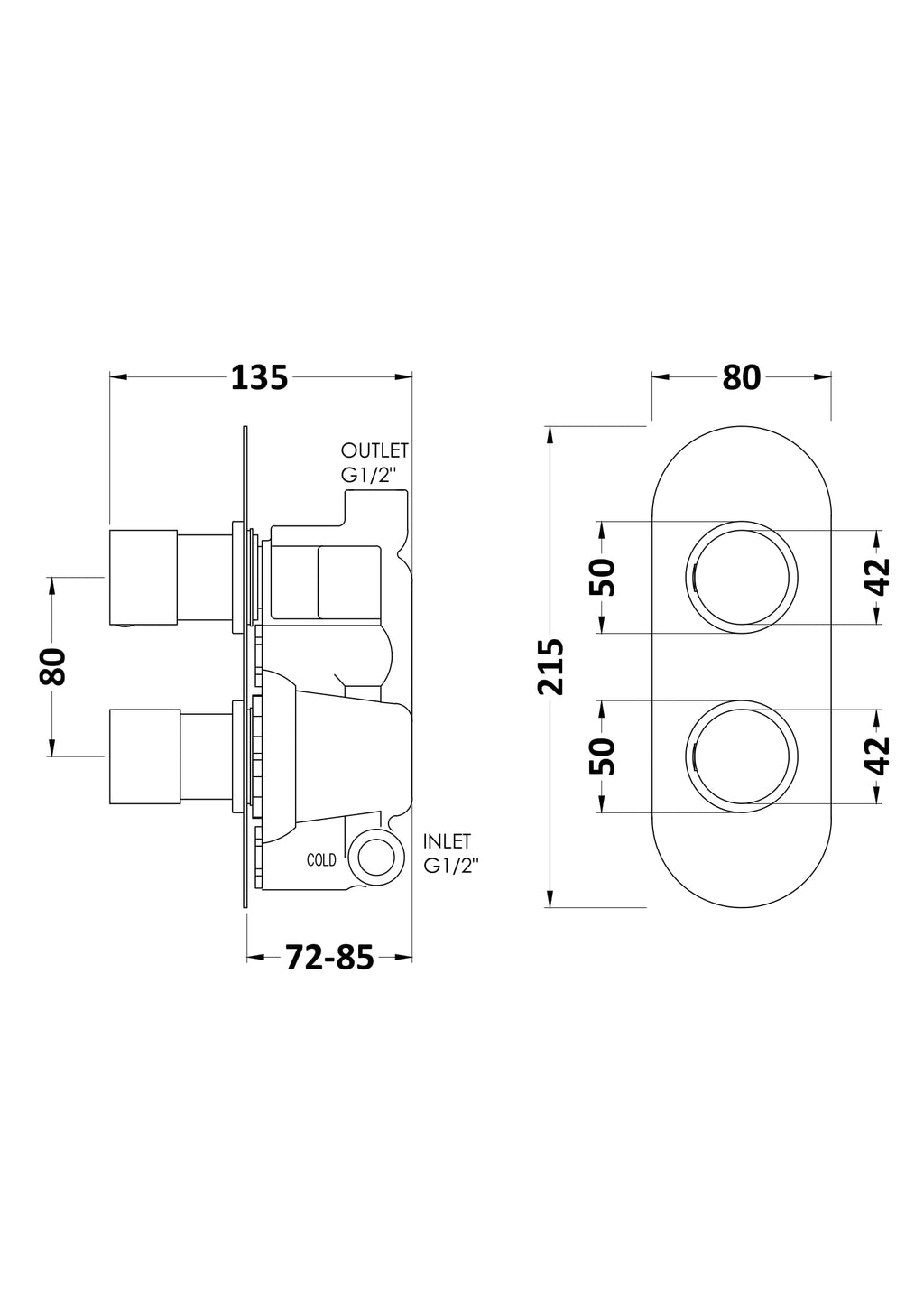 Modern Bubly Bathrooms wall-mounted shower valve with precise dimensions and plumbing connections, ideal for stylish bathroom installations.