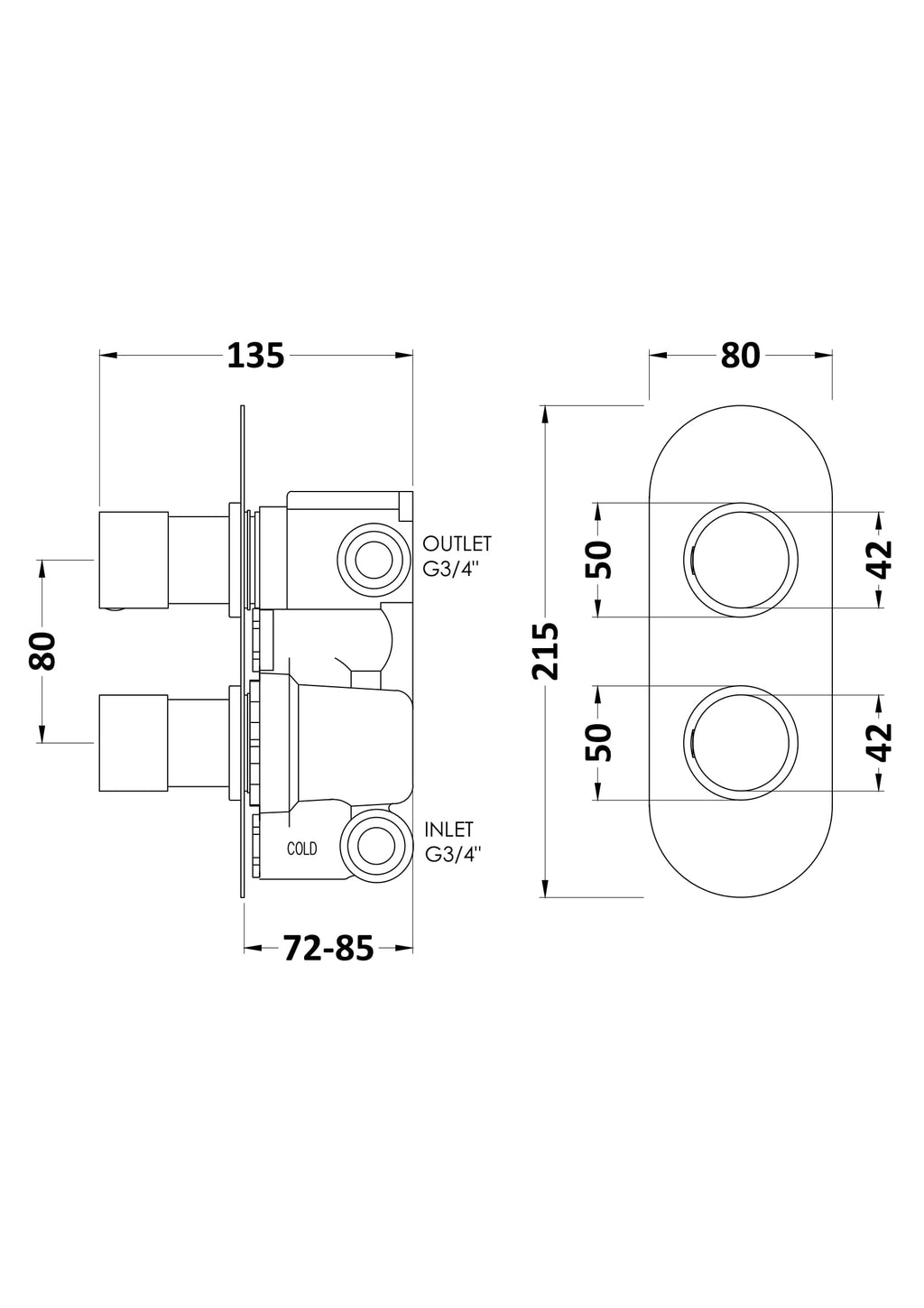 Precise technical diagram of Bubly Bathrooms shower or bath mixer valve with dimensions and G3/4" inlet/outlet connections, ideal for modern bathroom plumbing installations.