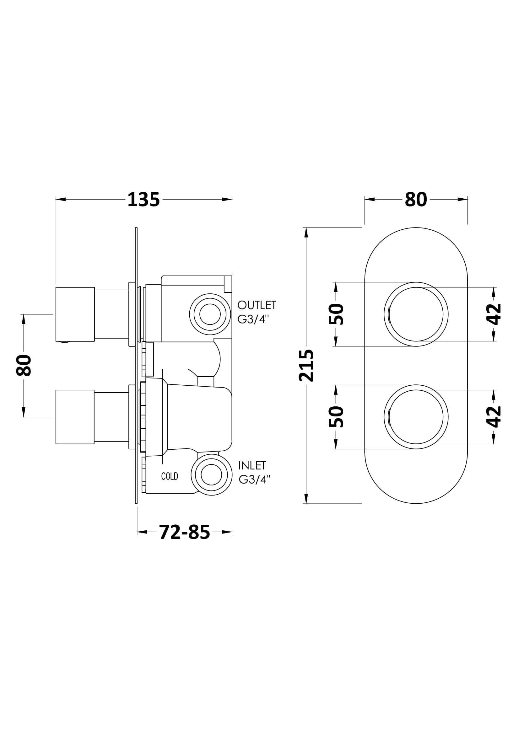 Precise technical diagram of Bubly Bathrooms shower or bath mixer valve with dimensions and G3/4" inlet/outlet connections, ideal for modern bathroom plumbing installations.
