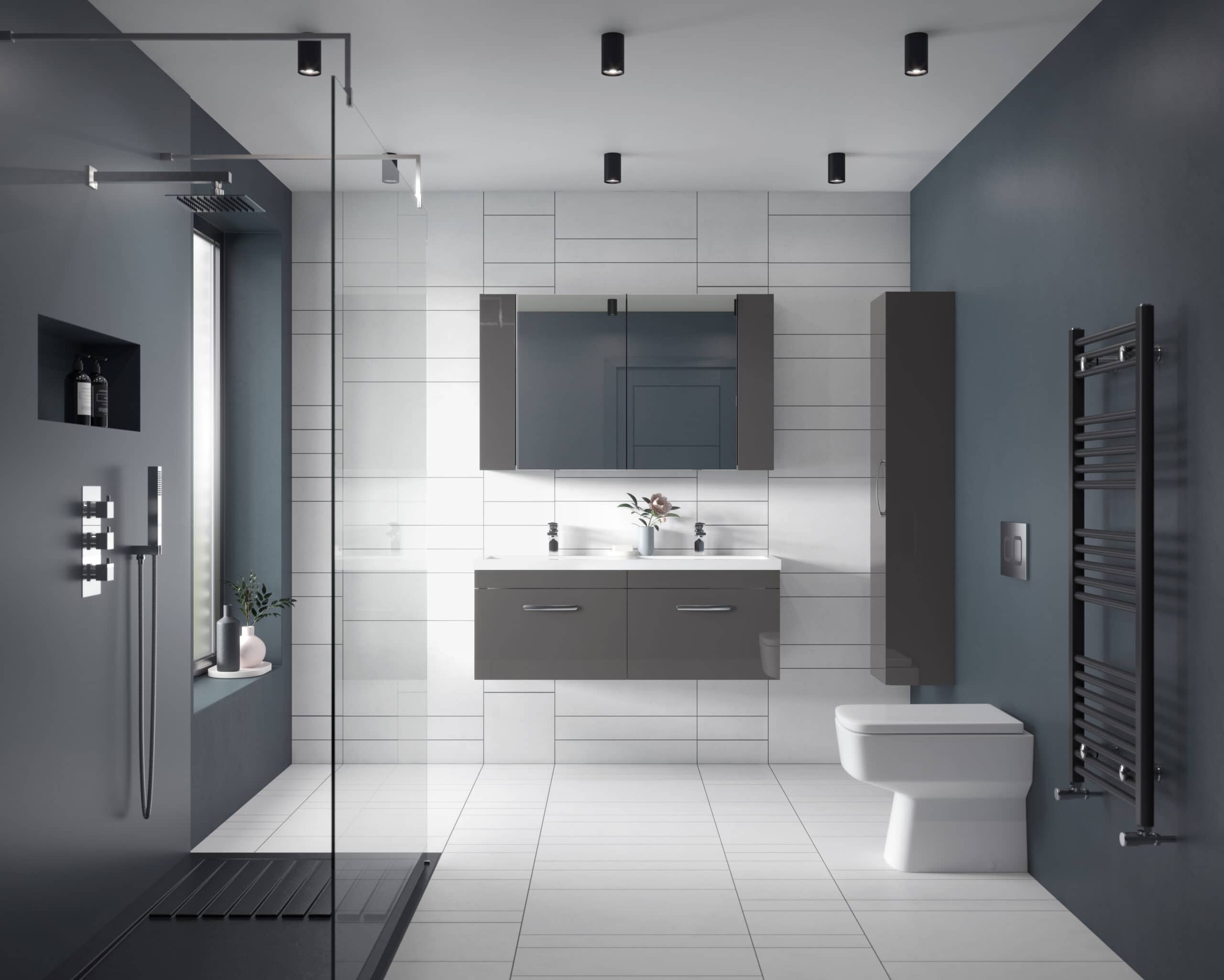Modern grey and white bathroom with shower, wash basin, mirror cabinet, toilet, and heated towel rail, featuring sleek contemporary design and minimalistic style.