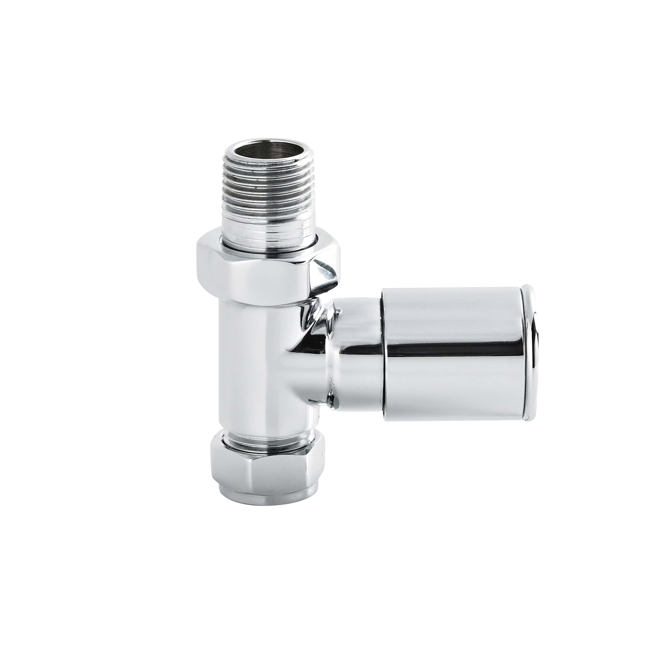 Chrome bathroom radiator valve fitting for adjustable water control, compatible with modern heating systems, ensuring efficient temperature management in Bubly Bathrooms.