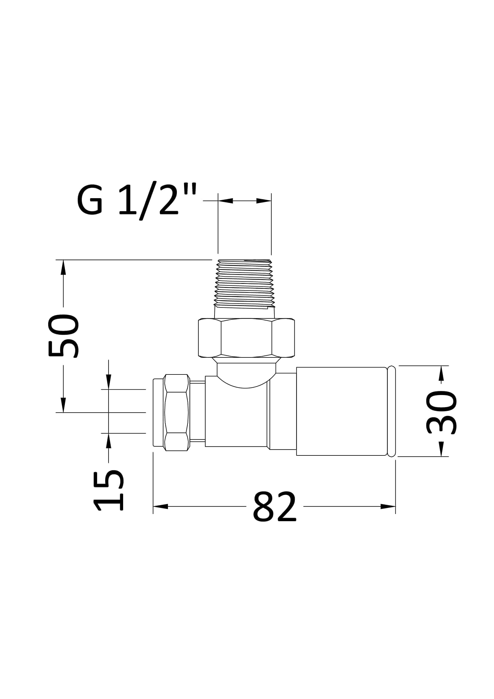 High-quality bathroom pipe fitting with G 1/2" threaded connection, detailed technical drawing, and precise measurements for Bubly Bathrooms products.