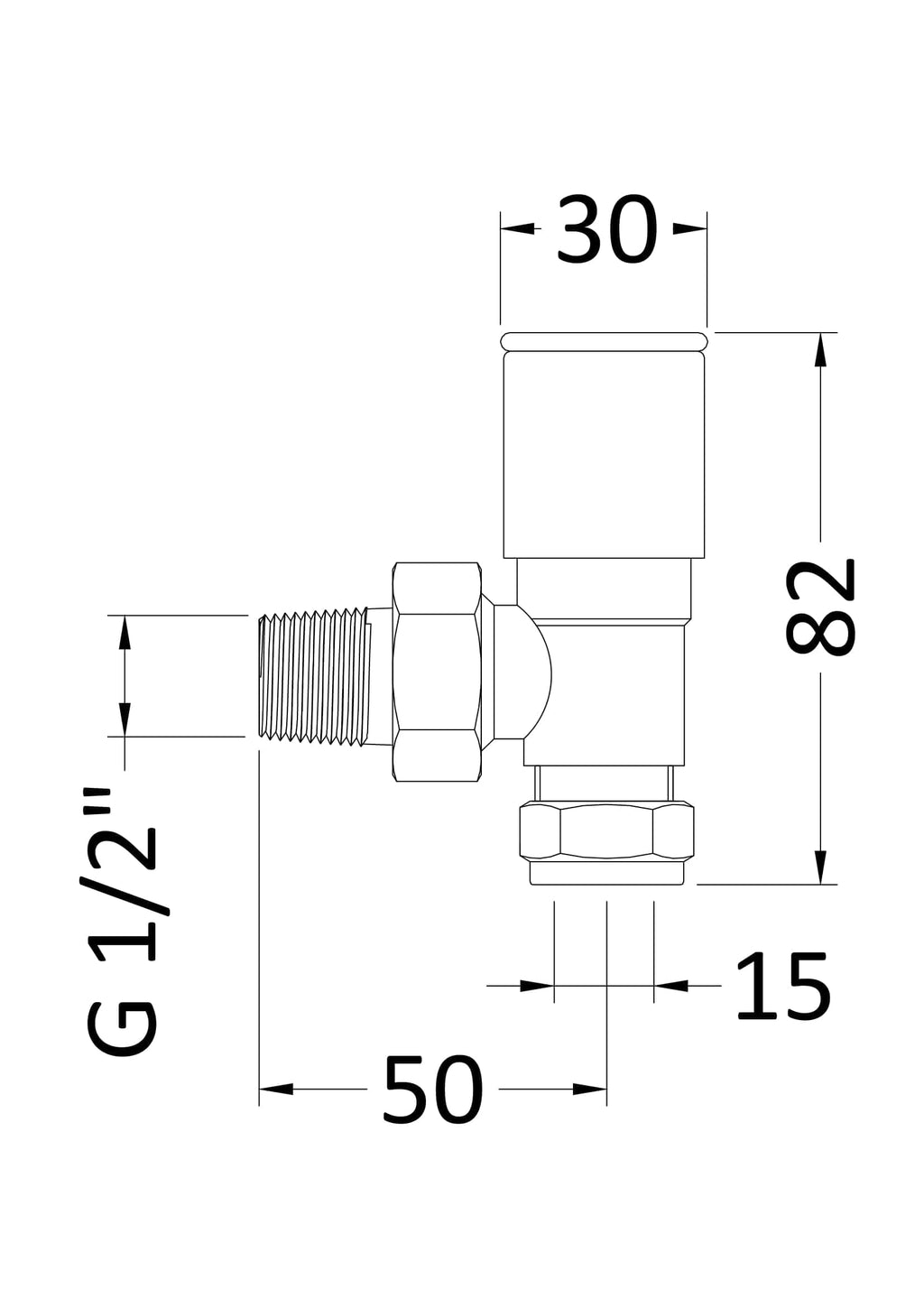 G1/2" valve fitting for bathroom plumbing, technical diagram with dimensions for installation and repair, ideal for bathroom renovation projects.