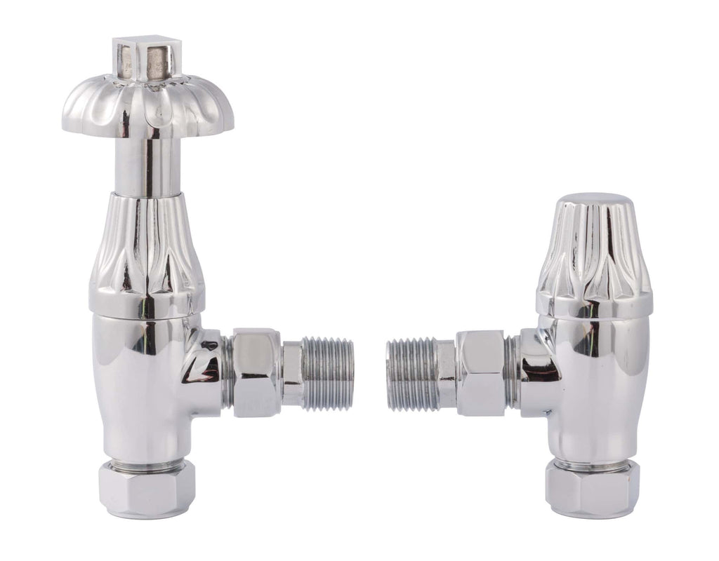 Polished chrome bathroom radiator valves, traditional style, perfect for bathroom decor and heating systems, designed for easy installation and valve control.