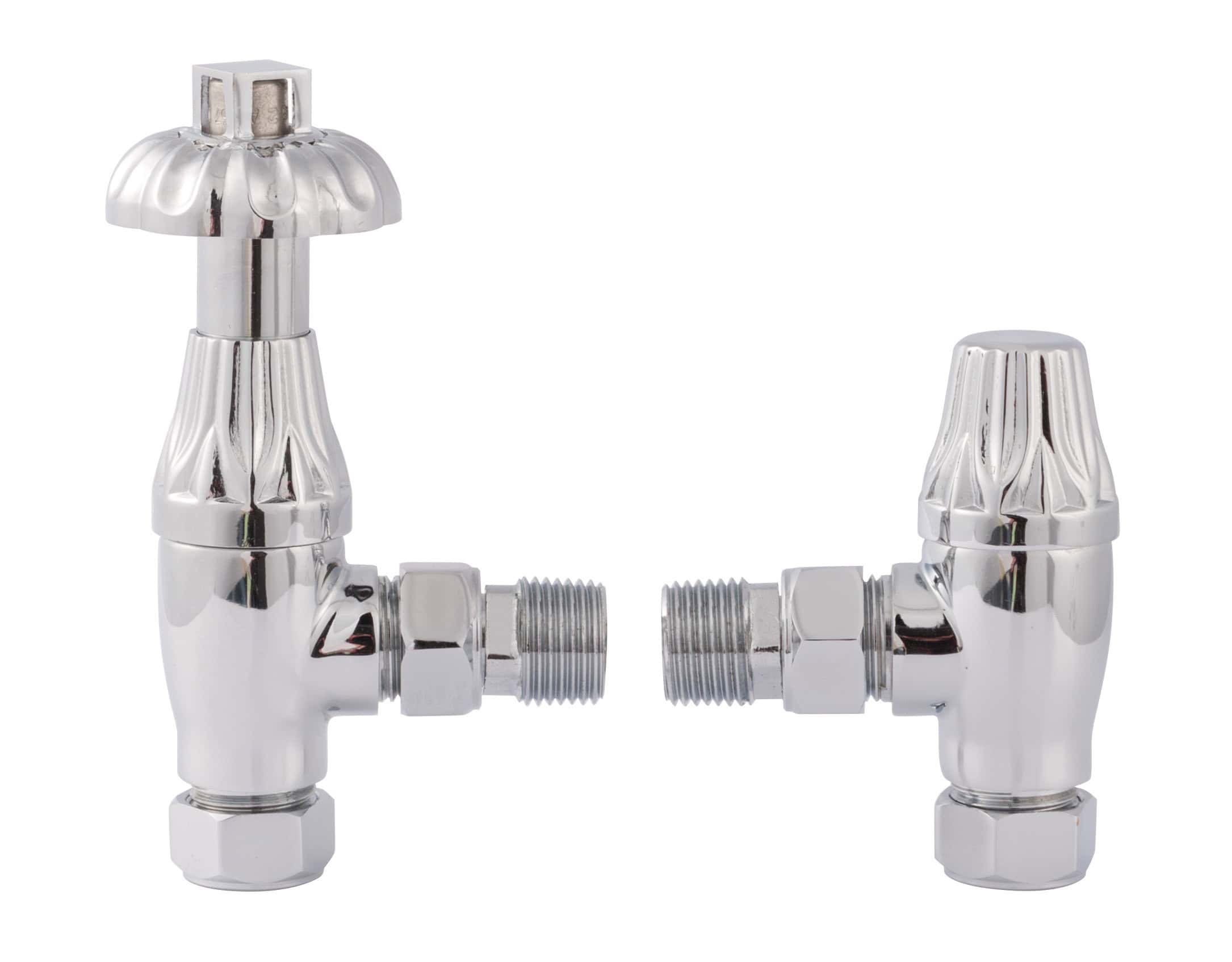 Polished chrome bathroom radiator valves, traditional style, perfect for bathroom decor and heating systems, designed for easy installation and valve control.